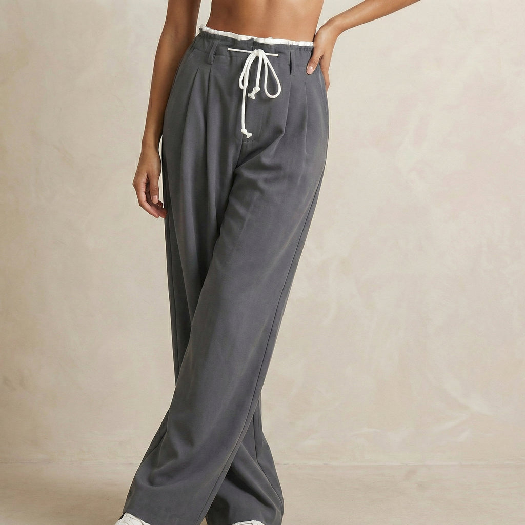 Wide-Leg Woven Trousers with Double Waistband Detail