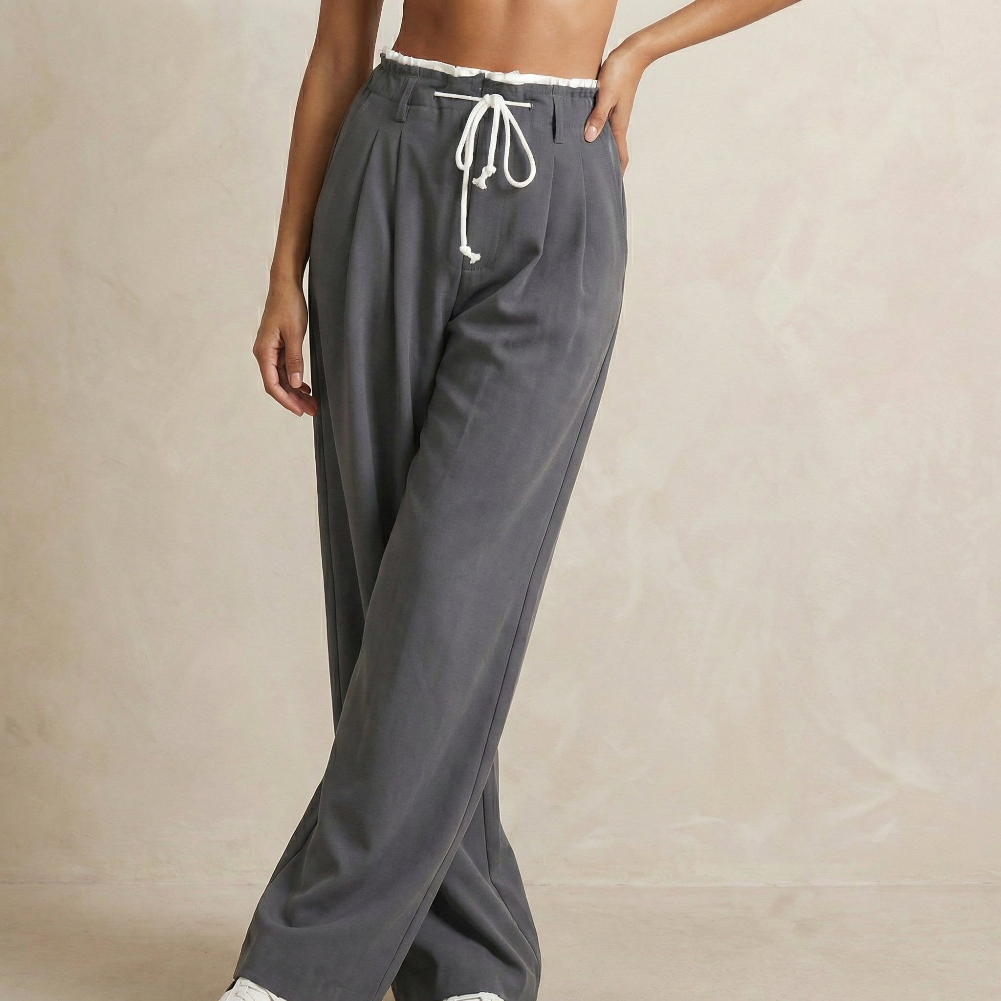 Wide-Leg Woven Trousers with Double Waistband Detail