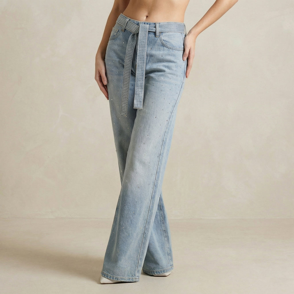 High Waist Wide Leg Denim Jeans with Allover Rhinestone Detailing and Matching Belt