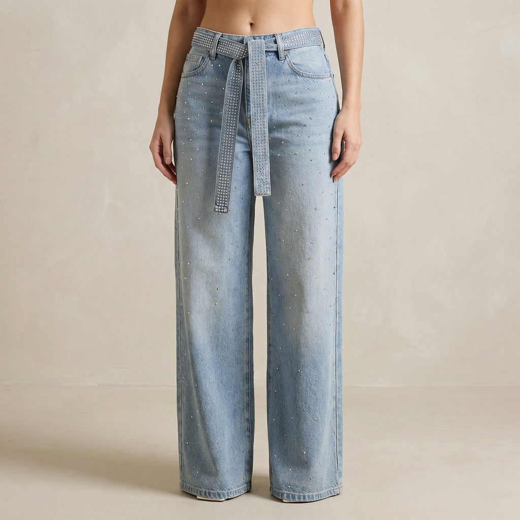High Waist Wide Leg Denim Jeans with Allover Rhinestone Detailing and Matching Belt