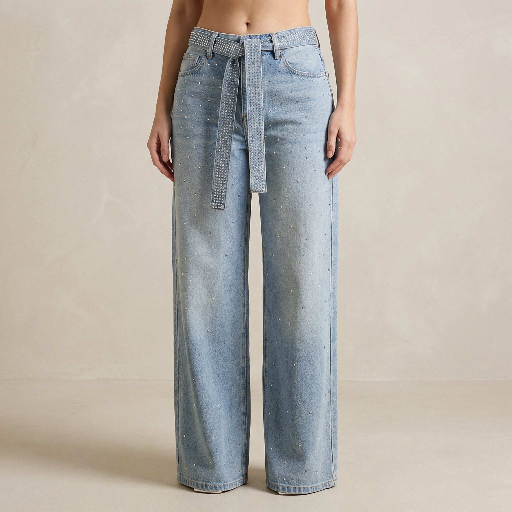 High Waist Wide Leg Denim Jeans with Allover Rhinestone Detailing and Matching Belt