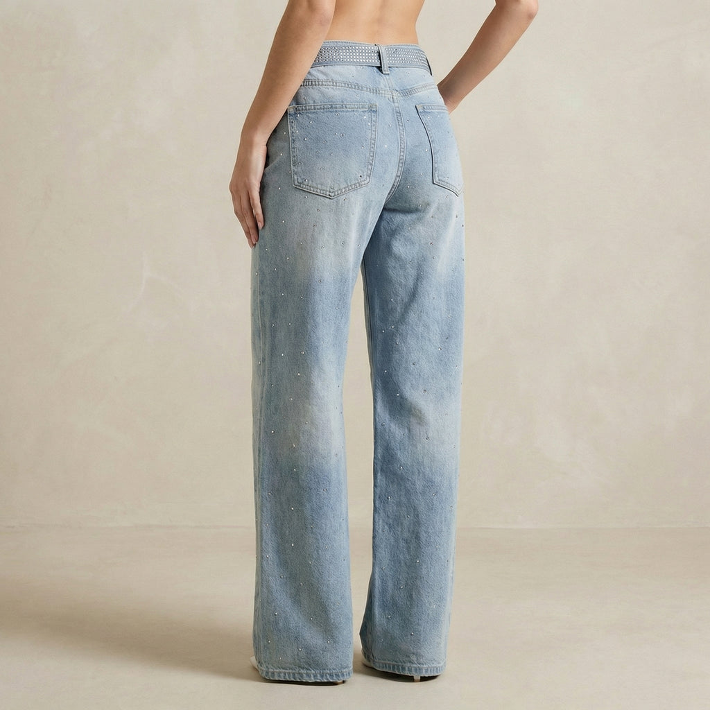 High Waist Wide Leg Denim Jeans with Allover Rhinestone Detailing and Matching Belt