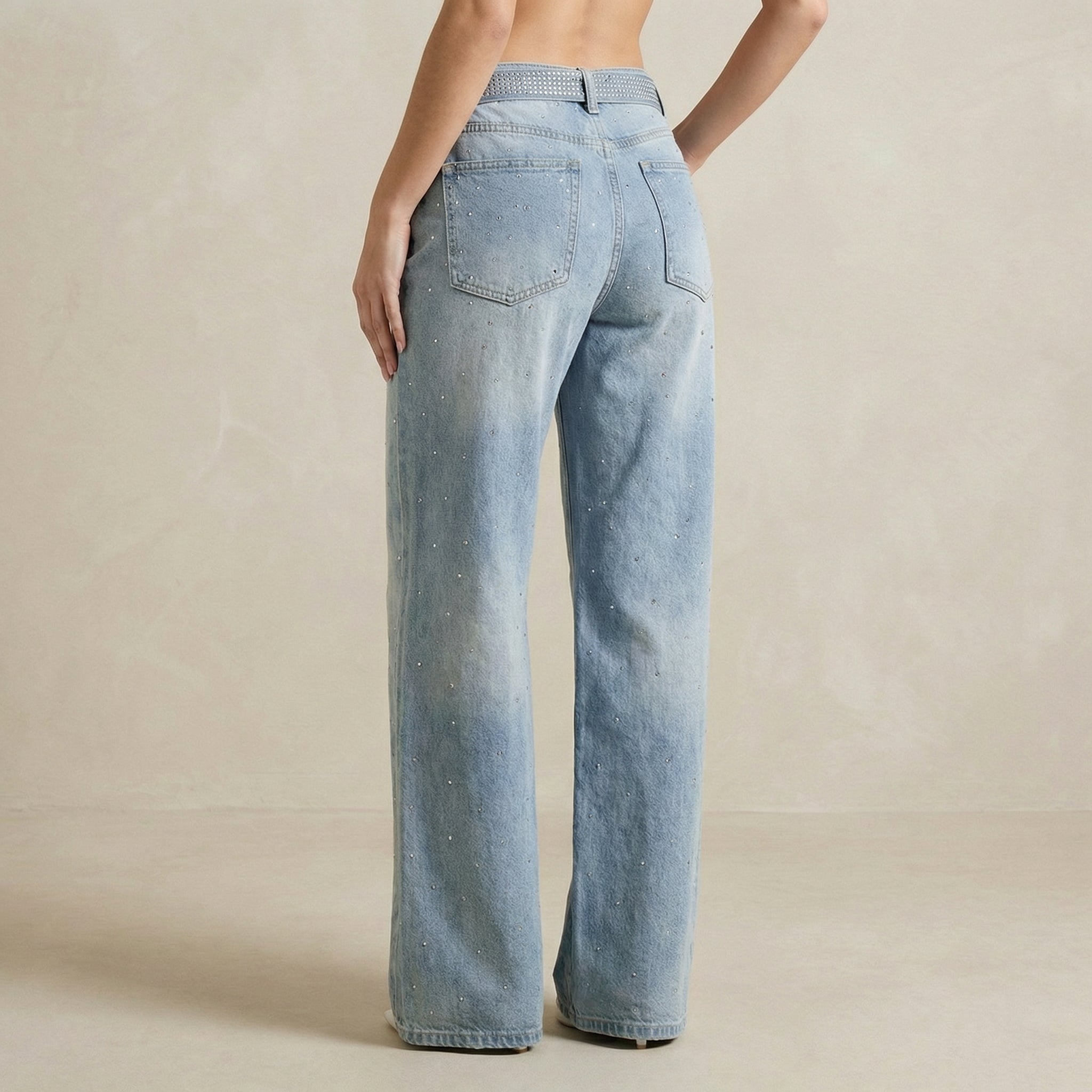 High Waist Wide Leg Denim Jeans with Allover Rhinestone Detailing and Matching Belt