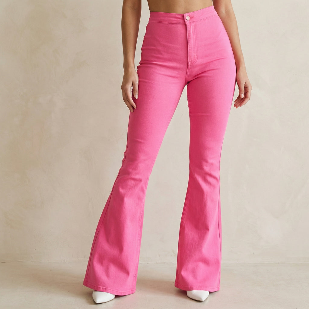 High Waisted Pink Bell Bottom Flare Jeans