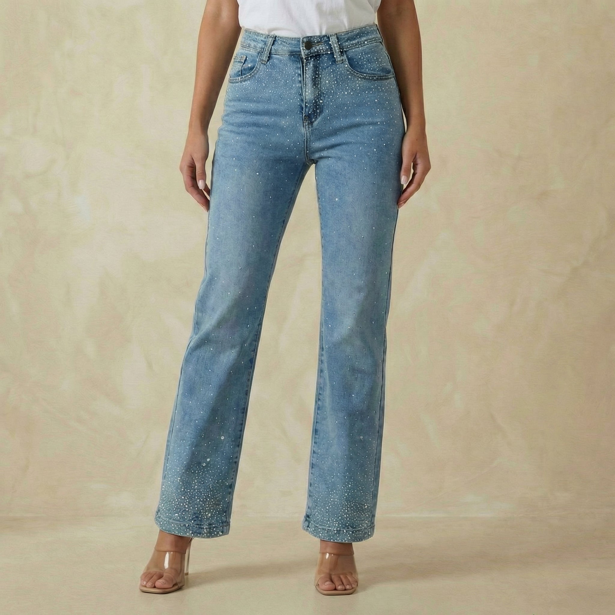 Blue Denim Wide-Leg Jeans with Diamante Rhinestone Detailing