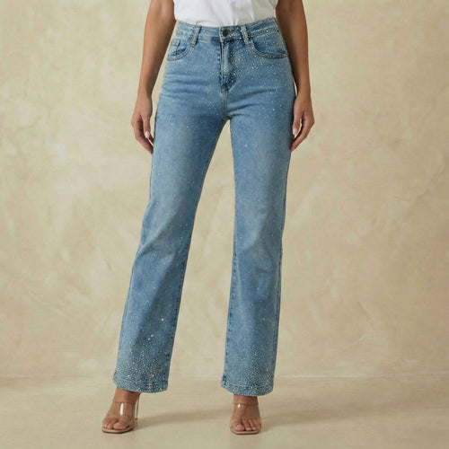 Blue Denim Wide-Leg Jeans with Diamante Rhinestone Detailing