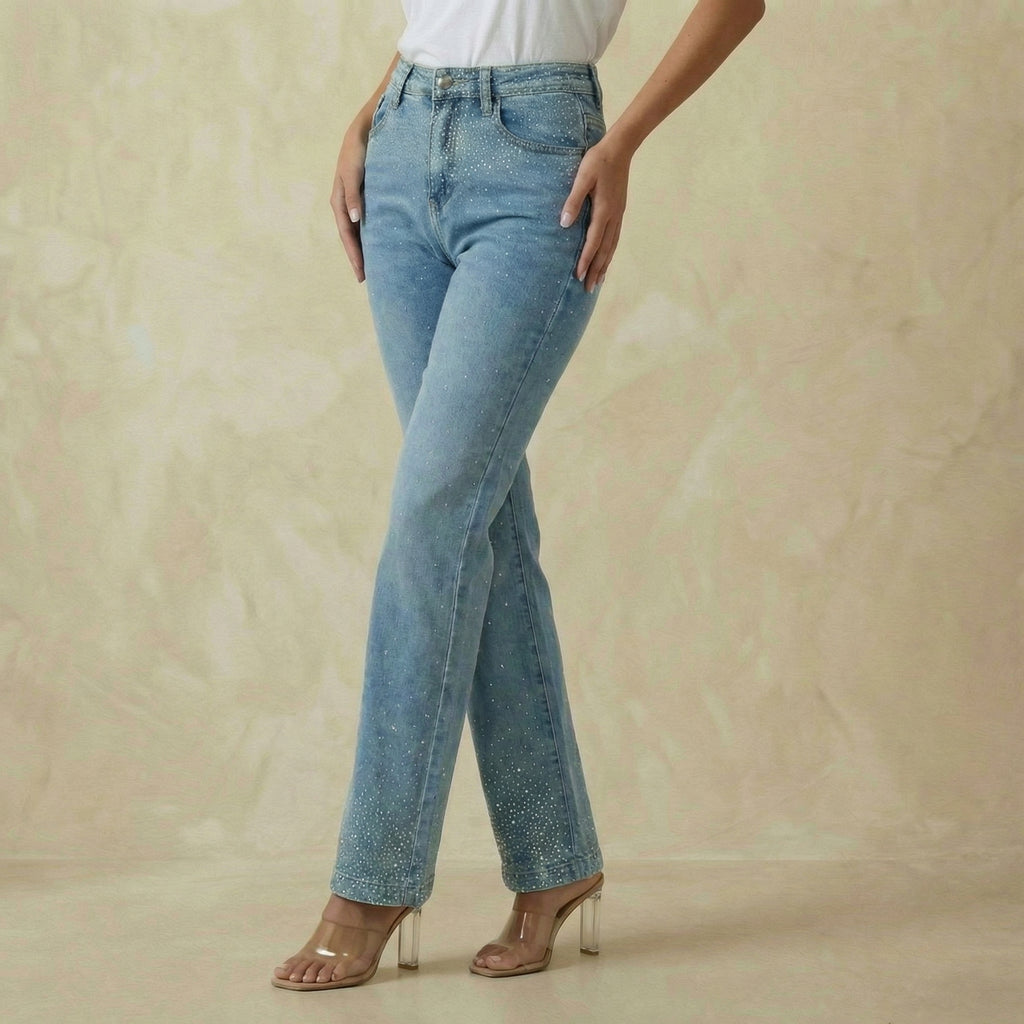 Blue Denim Wide-Leg Jeans with Diamante Rhinestone Detailing