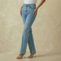 Blue Denim Wide-Leg Jeans with Diamante Rhinestone Detailing