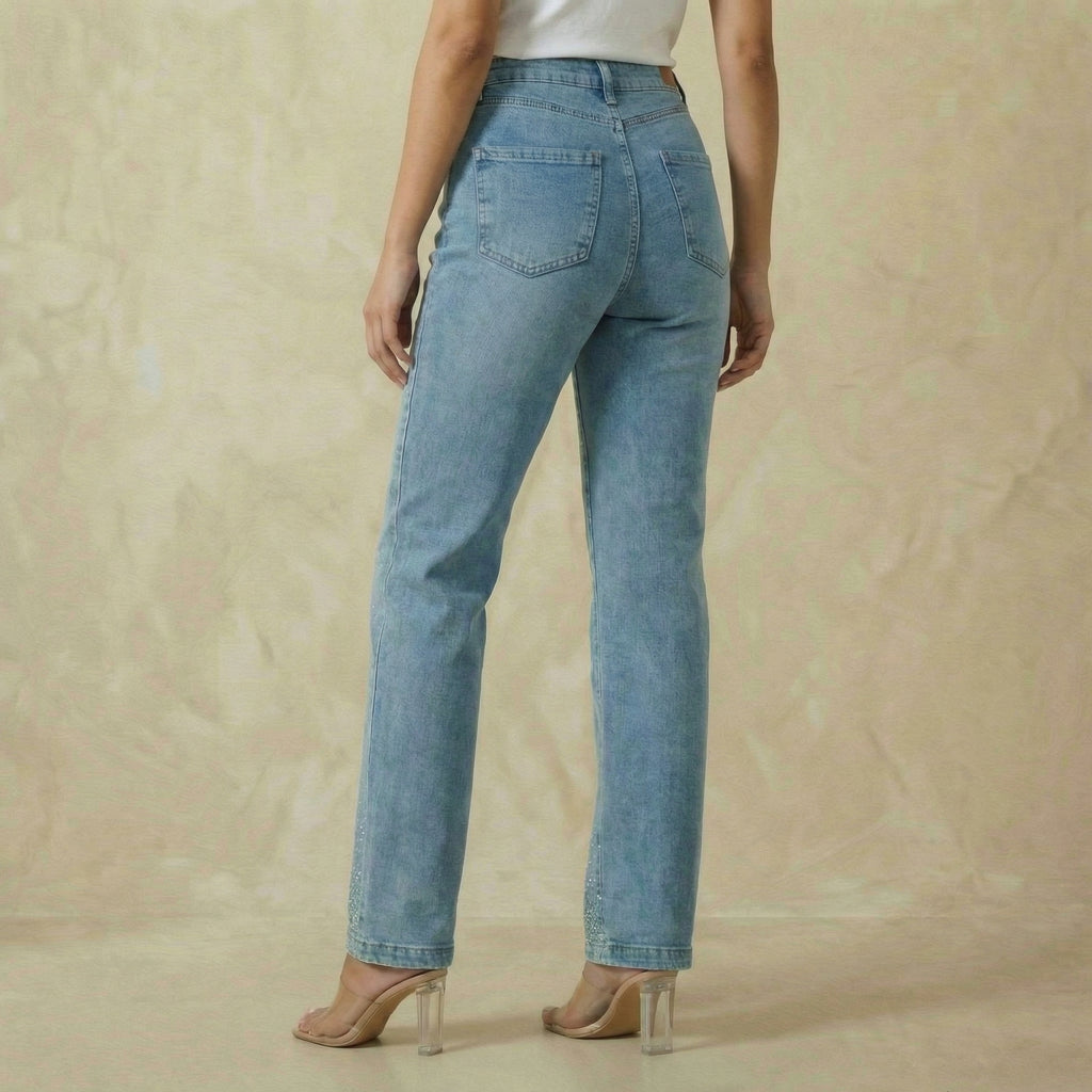 Blue Denim Wide-Leg Jeans with Diamante Rhinestone Detailing