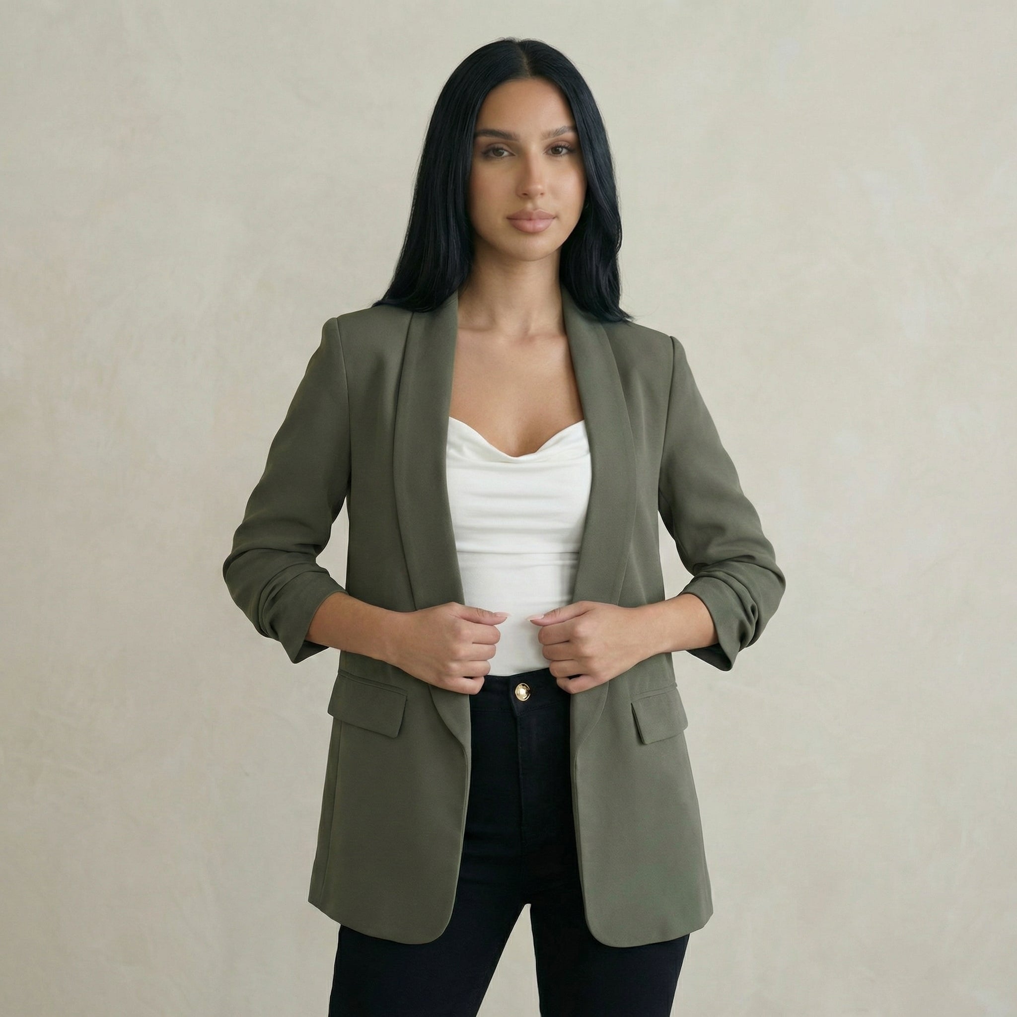 Clean Khaki Ruched Blazer