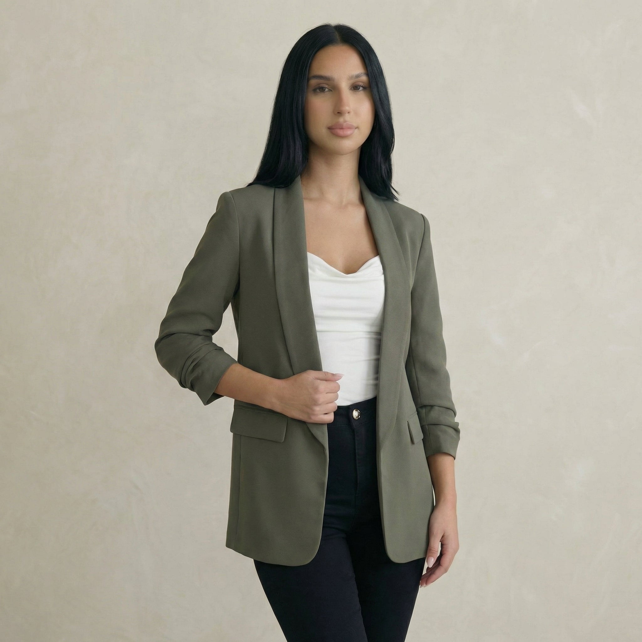 Clean Khaki Ruched Blazer