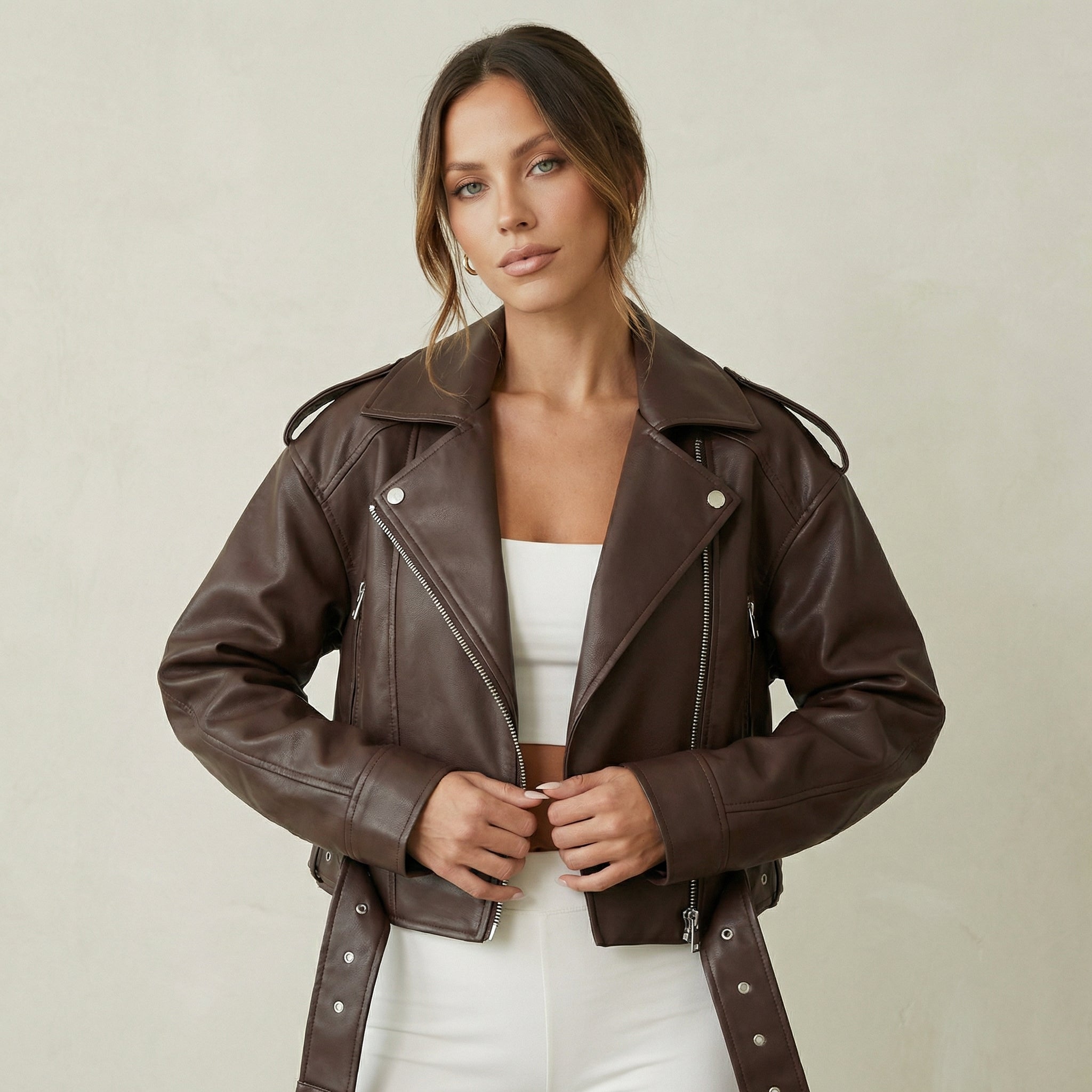 Beige Faux Leather Jacket