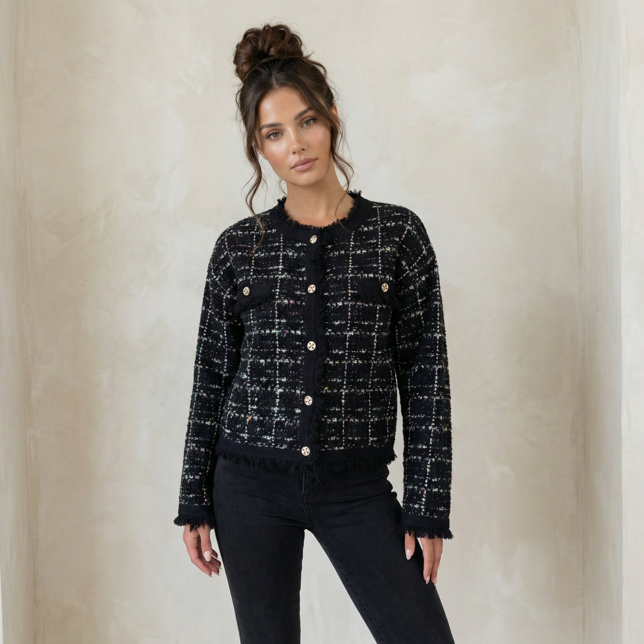 Gold-Button Knit Jacket
