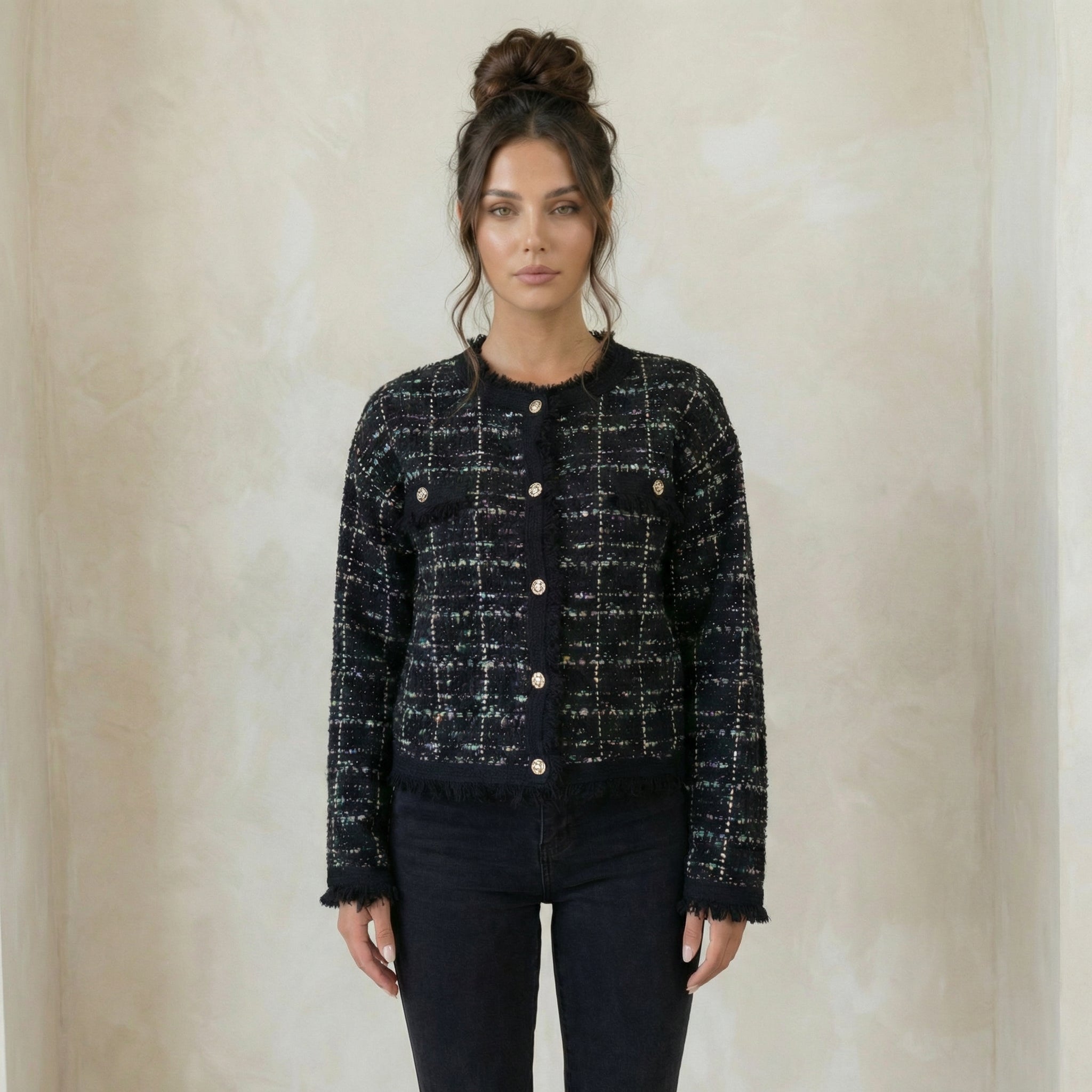 Gold-Button Knit Jacket