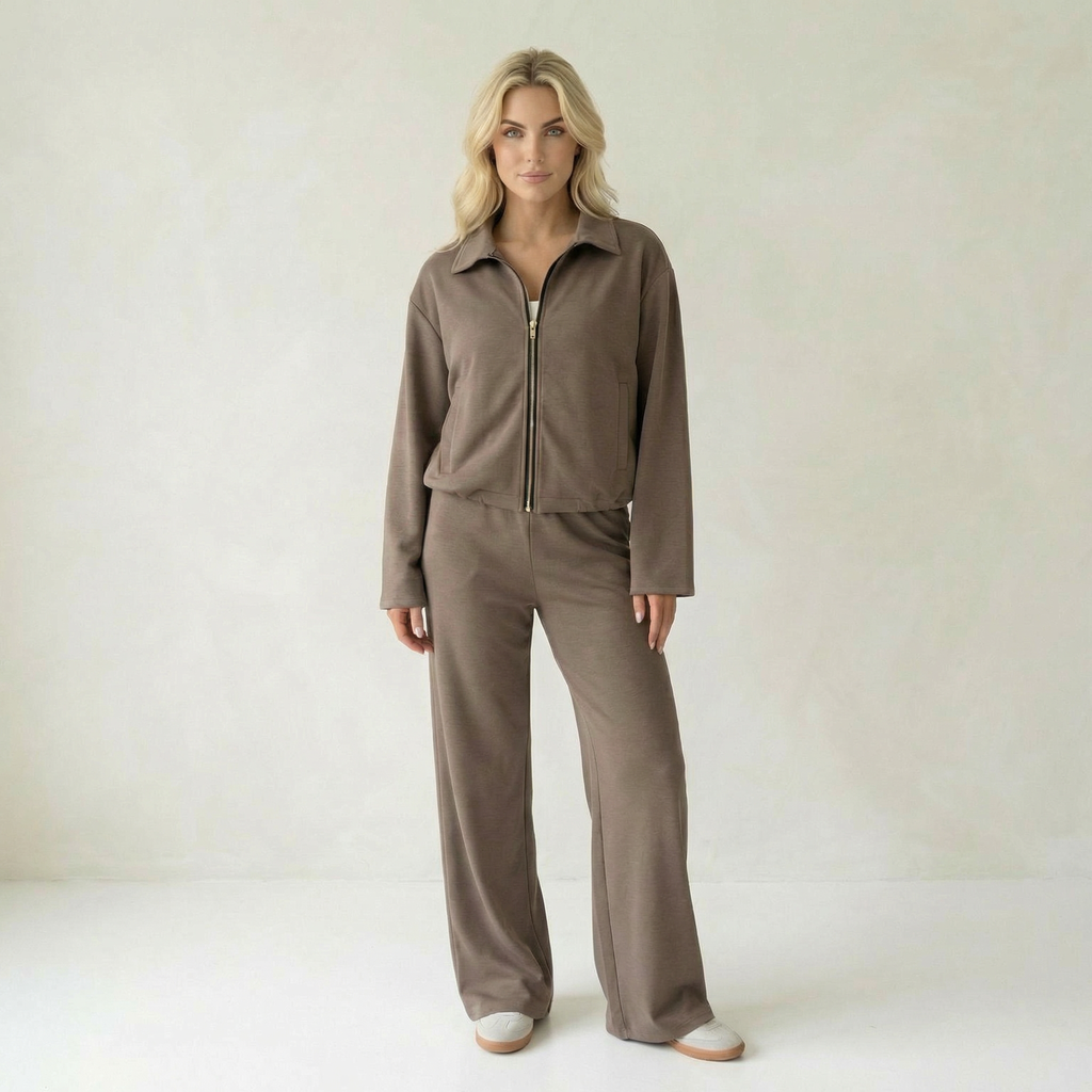 Taupe Zip-Up Loungewear Set