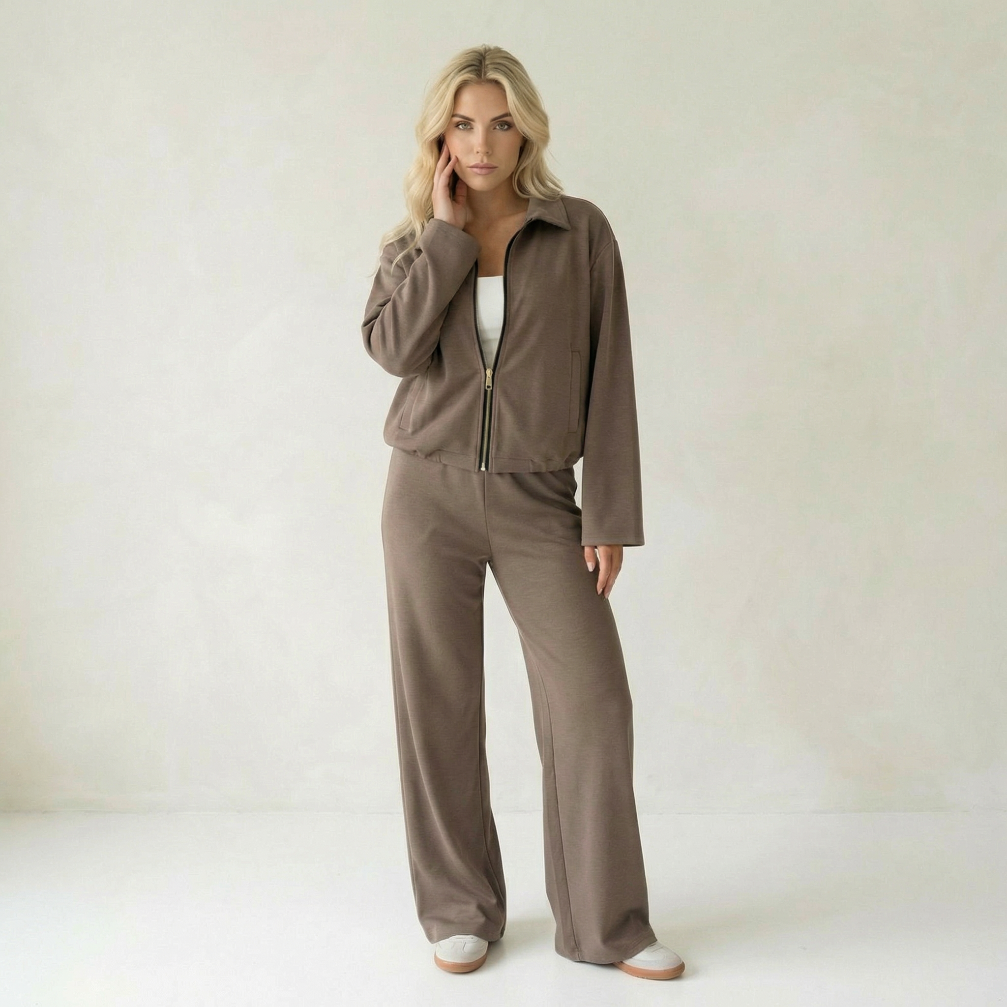 Taupe Zip-Up Loungewear Set