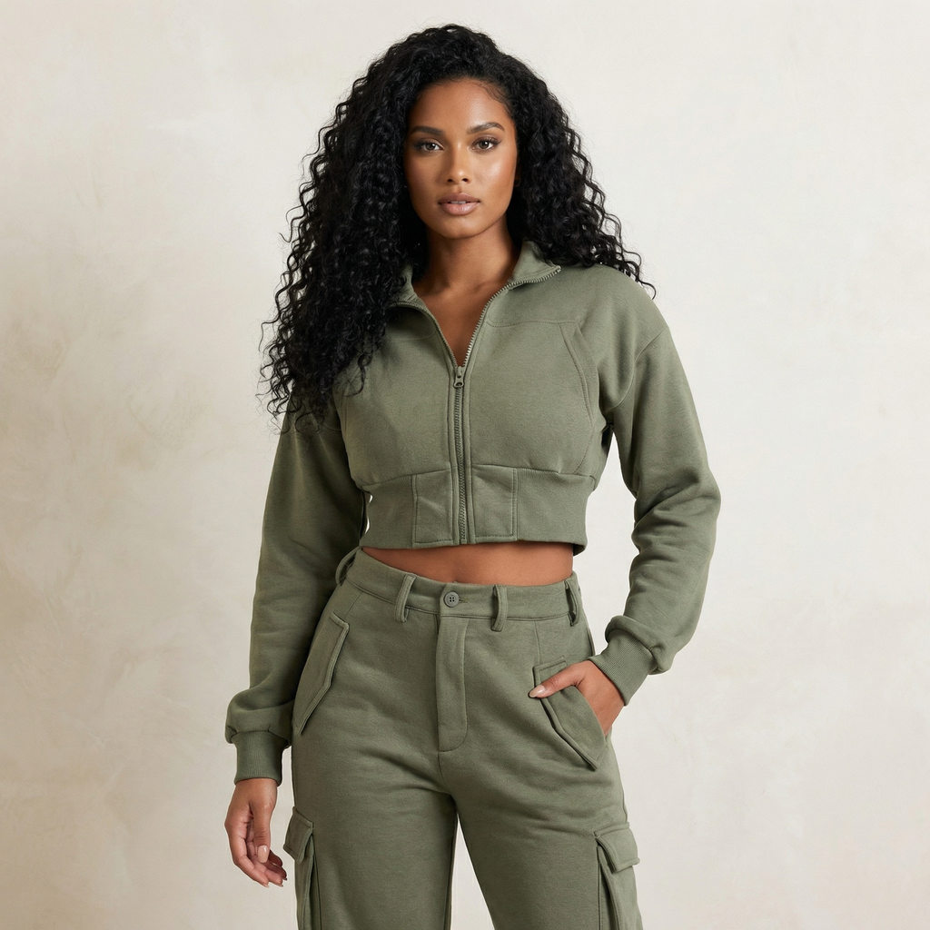 Khaki Cargo Jogger & Zipped Jacket Set