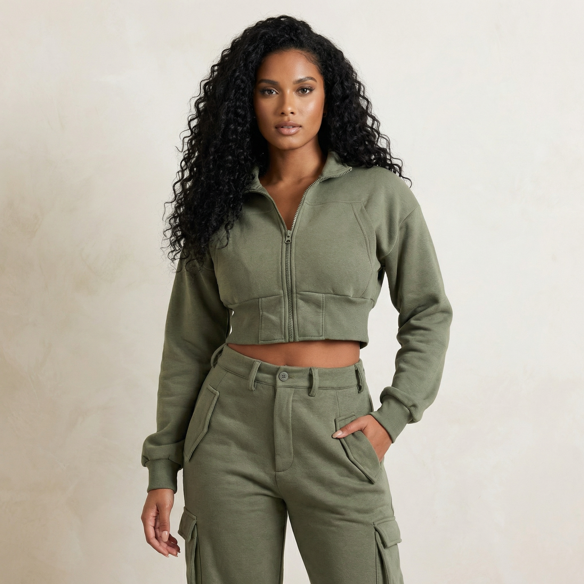 Khaki Cargo Jogger & Zipped Jacket Set