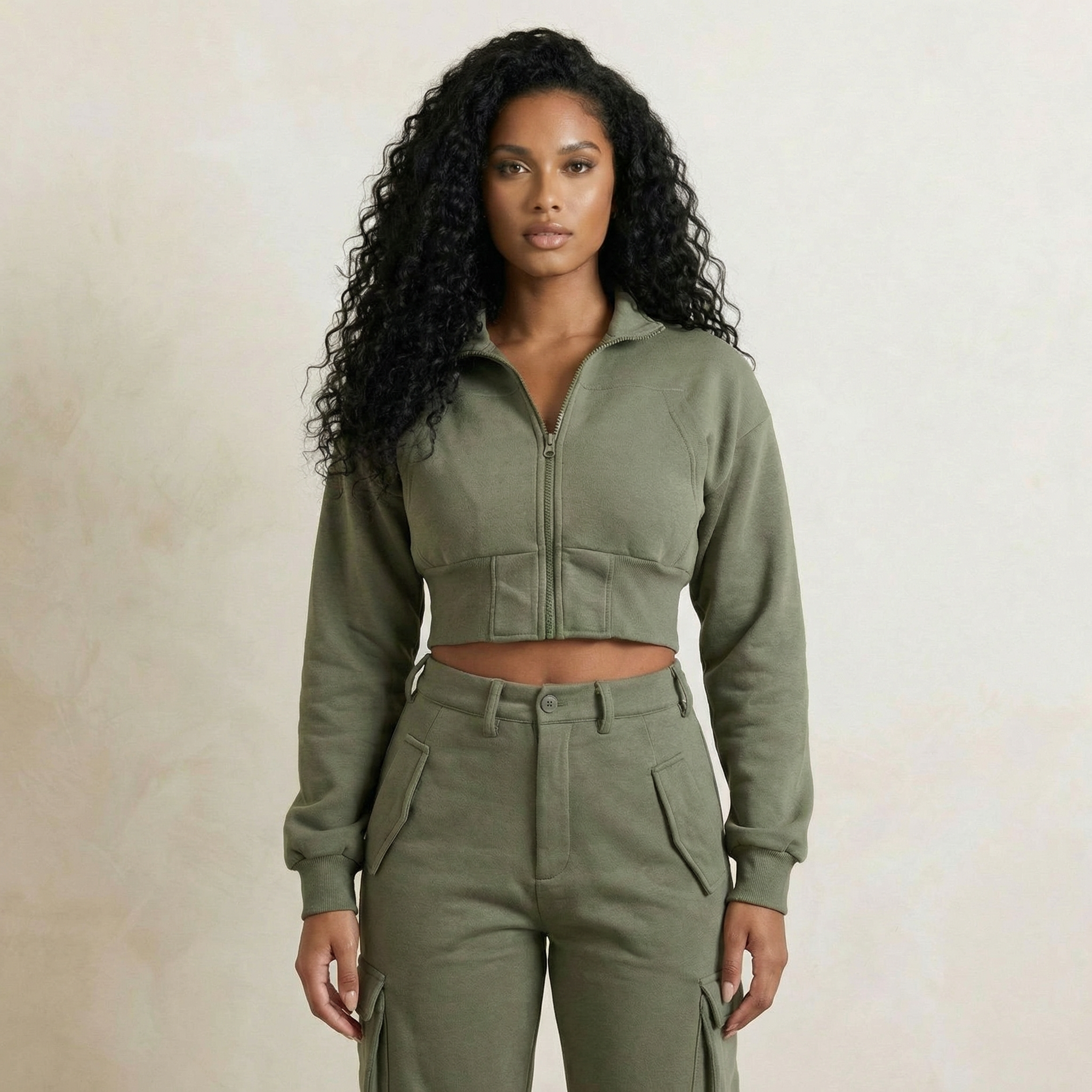 Khaki Cargo Jogger & Zipped Jacket Set