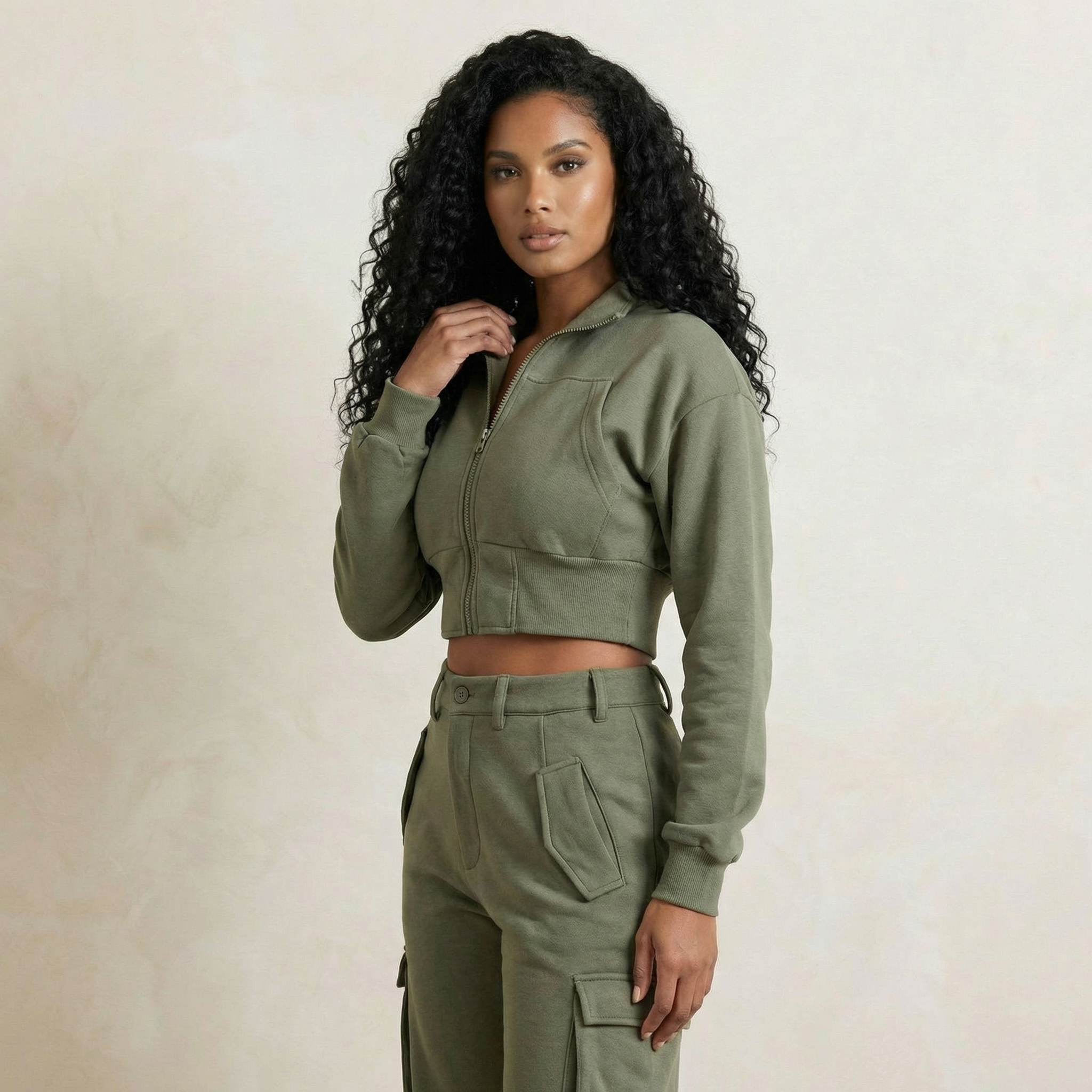 Khaki Cargo Jogger & Zipped Jacket Set