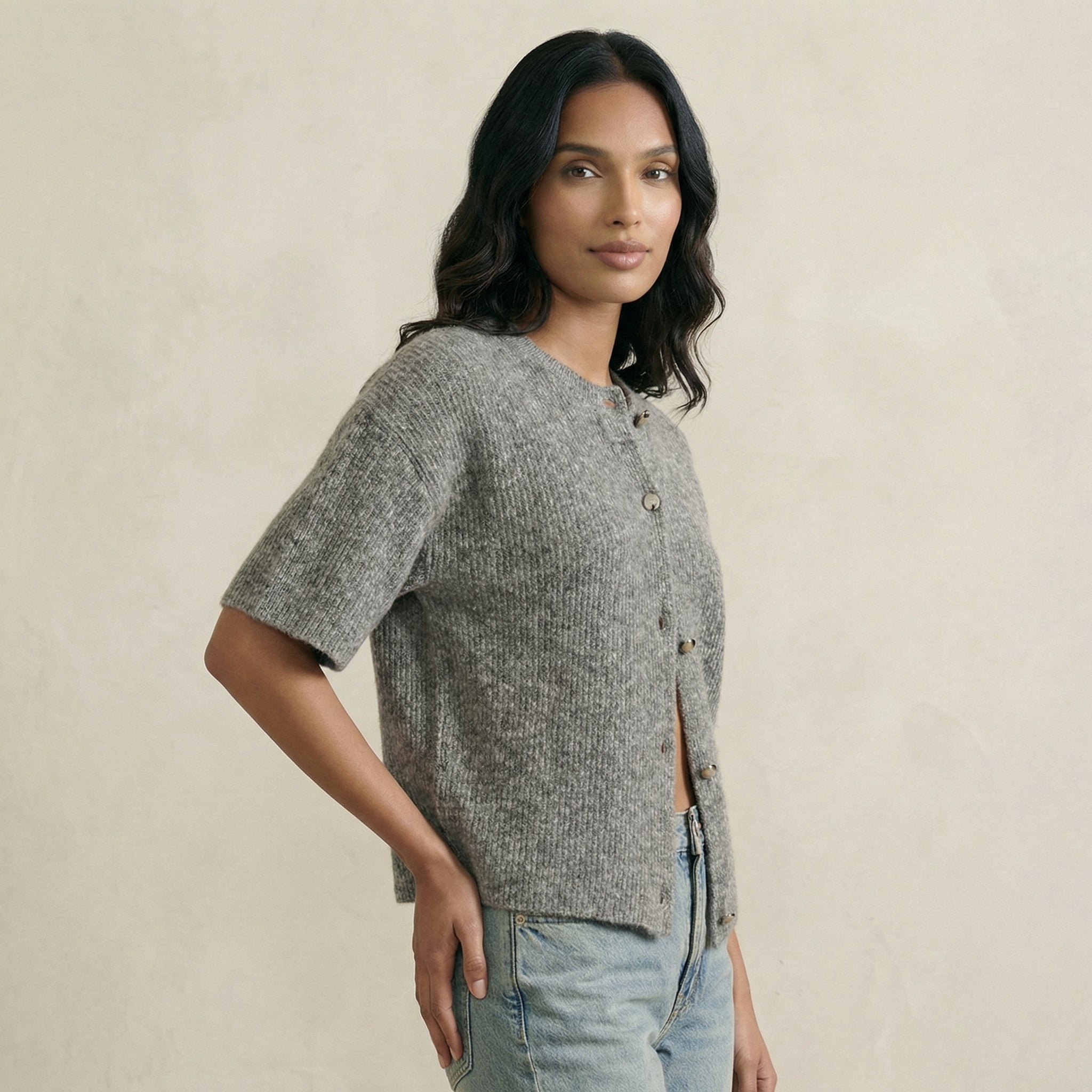 Short Sleeve Wool-Blend Cardigan