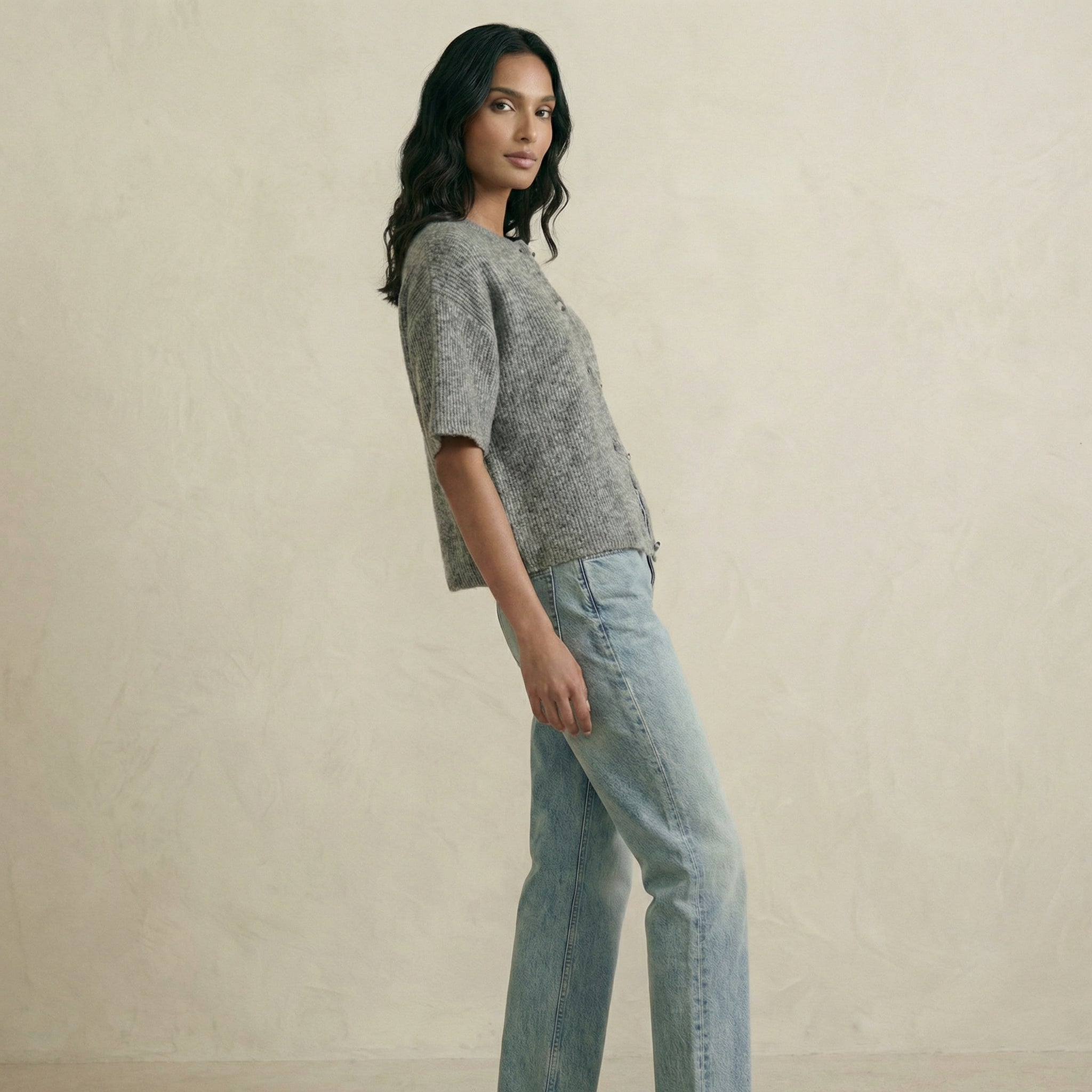 Short Sleeve Wool-Blend Cardigan