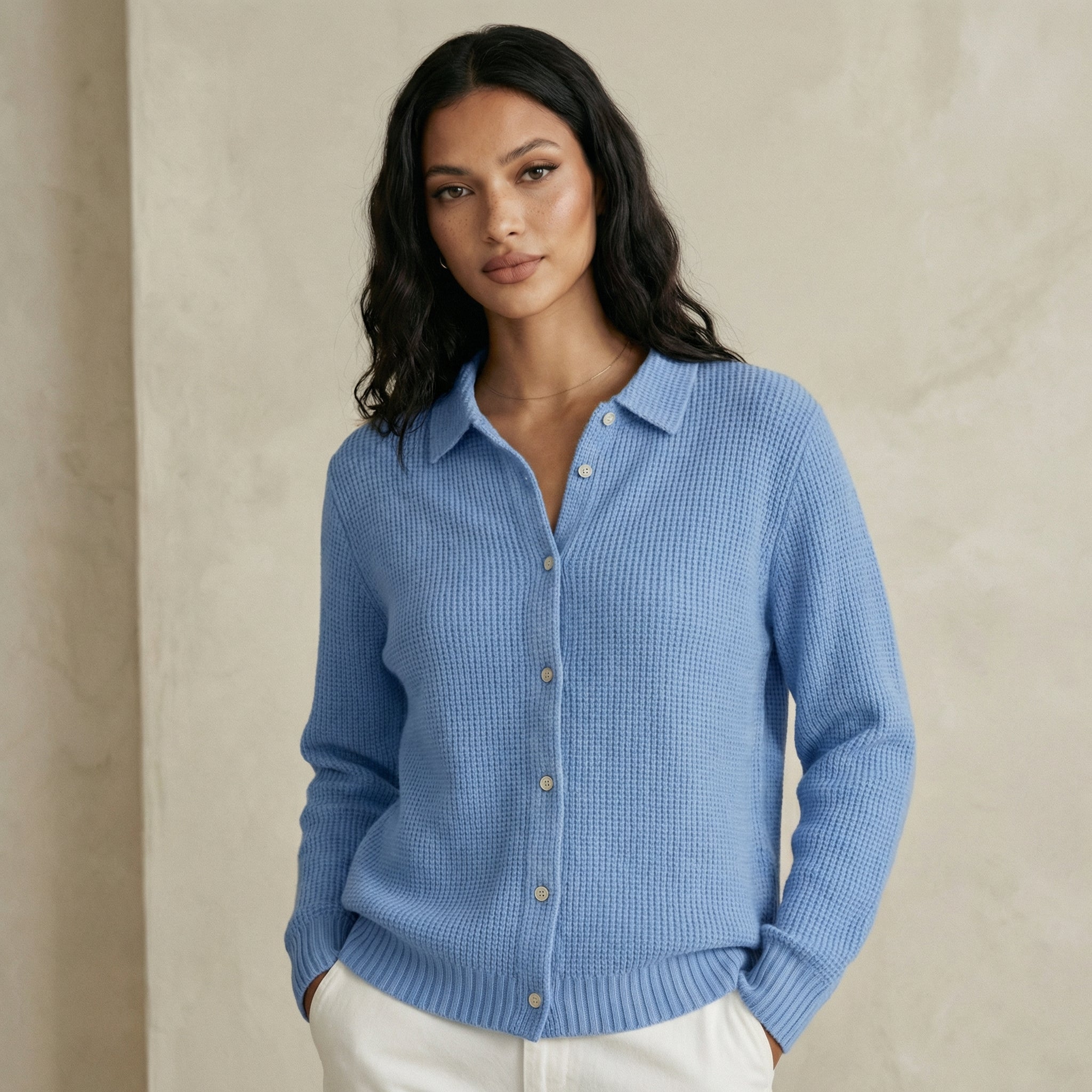 Solid Waffle Knit Cardigan with Shirt Collar