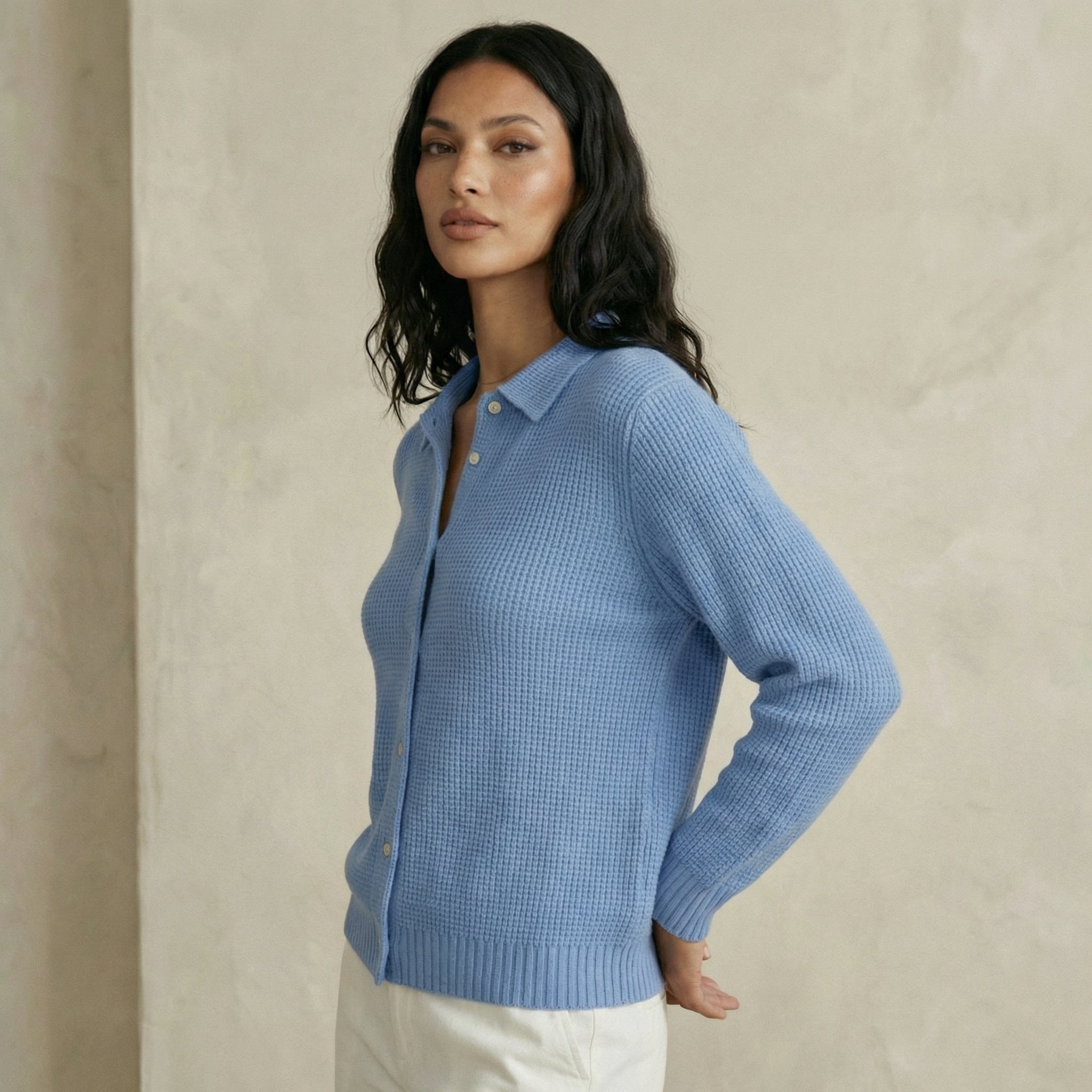 Solid Waffle Knit Cardigan with Shirt Collar