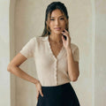 Soft Nude Buttoned V-Neck Knit Tee