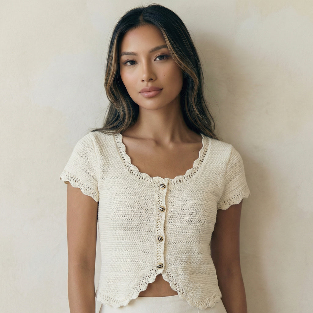 Beige U-Neck Statement Knit Cardigan