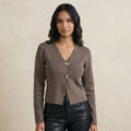 Mocha Gold-Button Accent V-Neck Cardigan