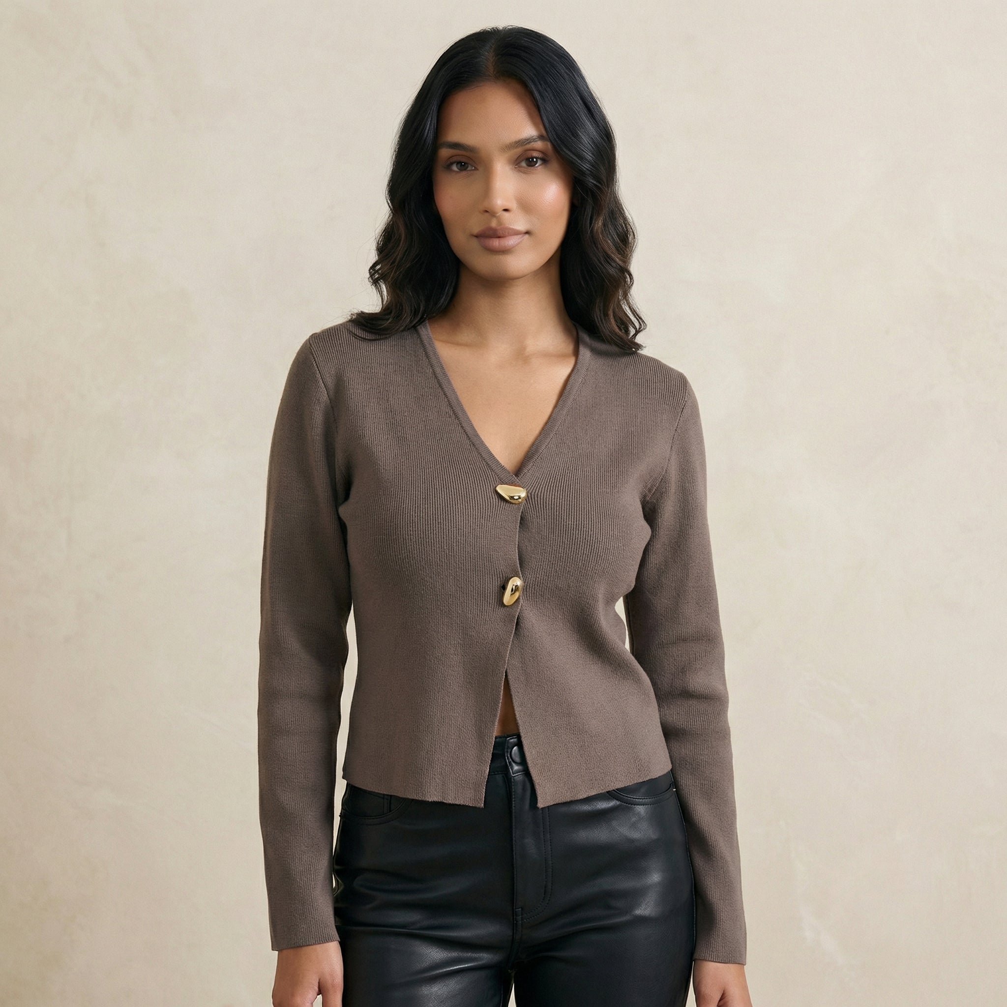 Mocha Gold-Button Accent V-Neck Cardigan
