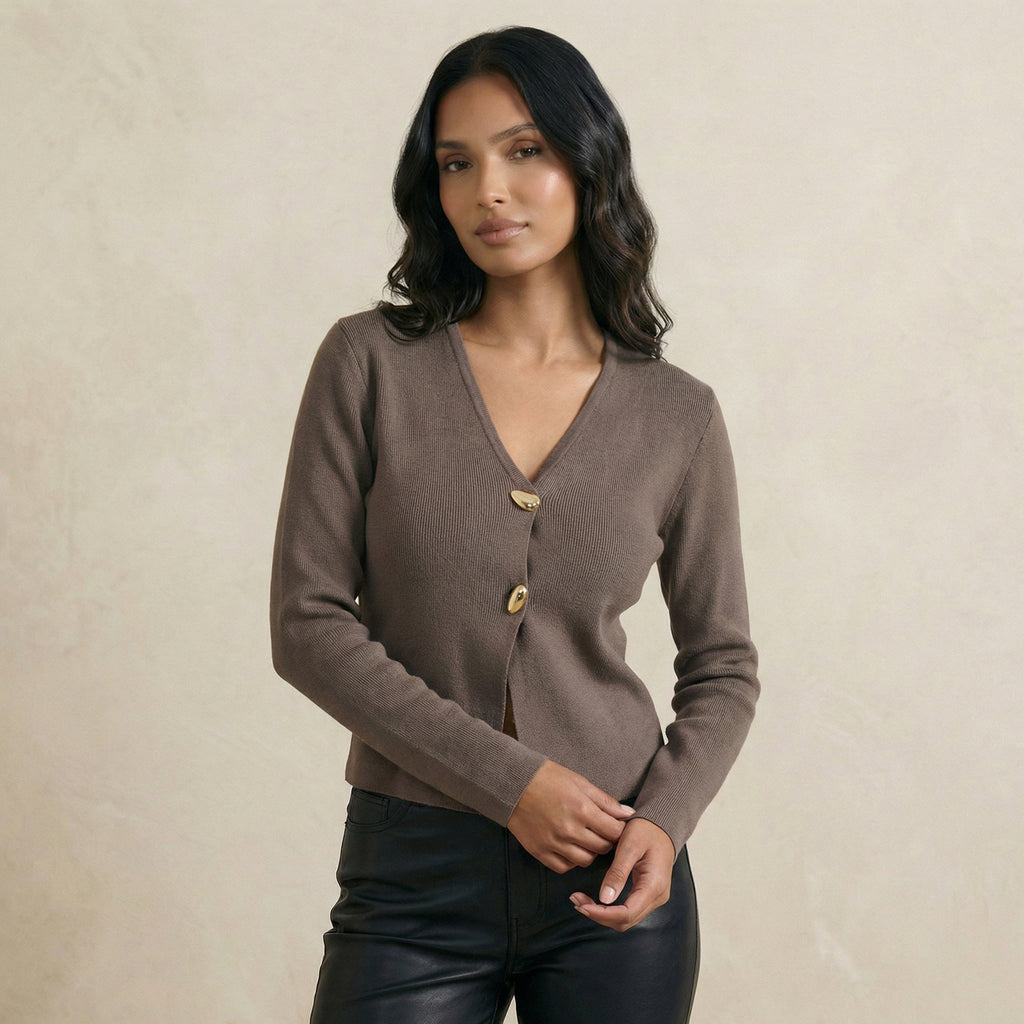 Mocha Gold-Button Accent V-Neck Cardigan
