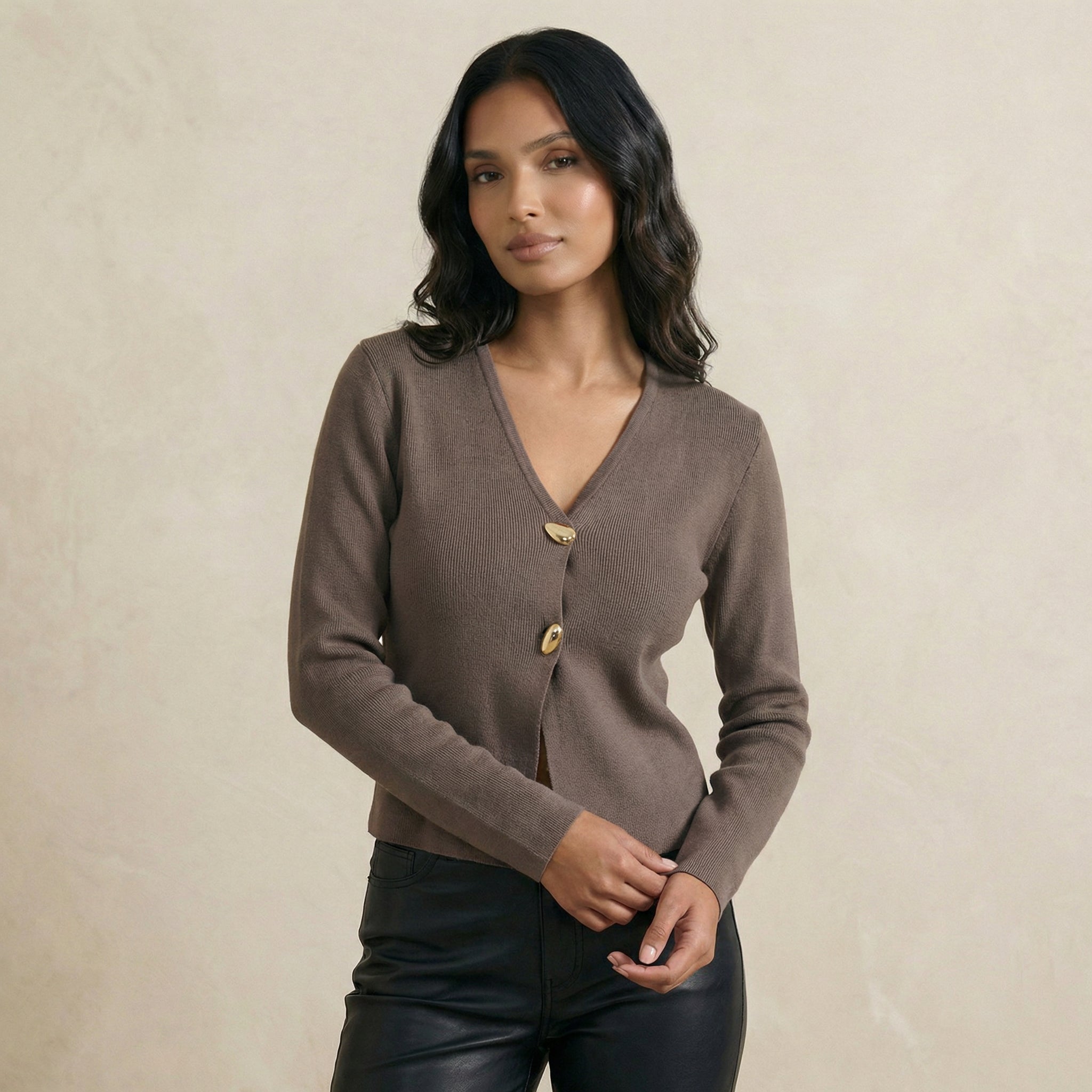 Mocha Gold-Button Accent V-Neck Cardigan