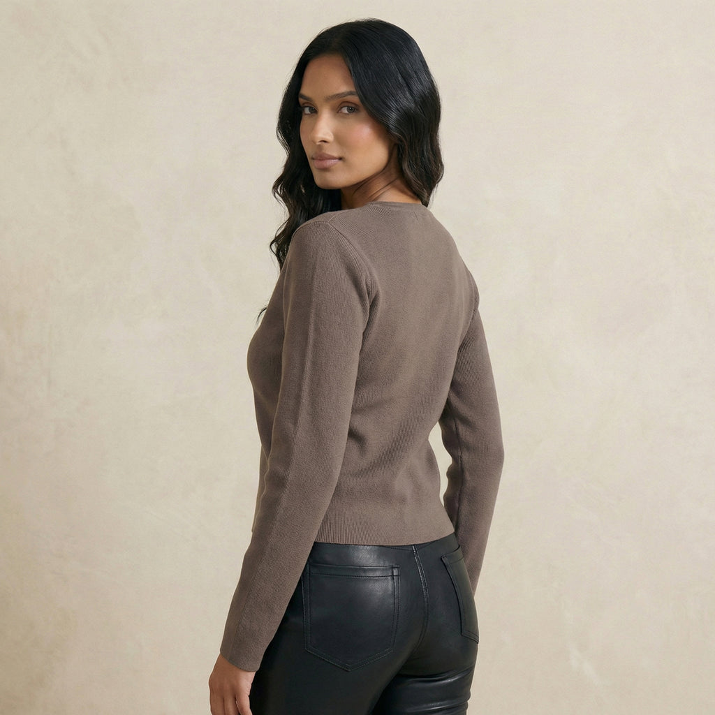 Mocha Gold-Button Accent V-Neck Cardigan