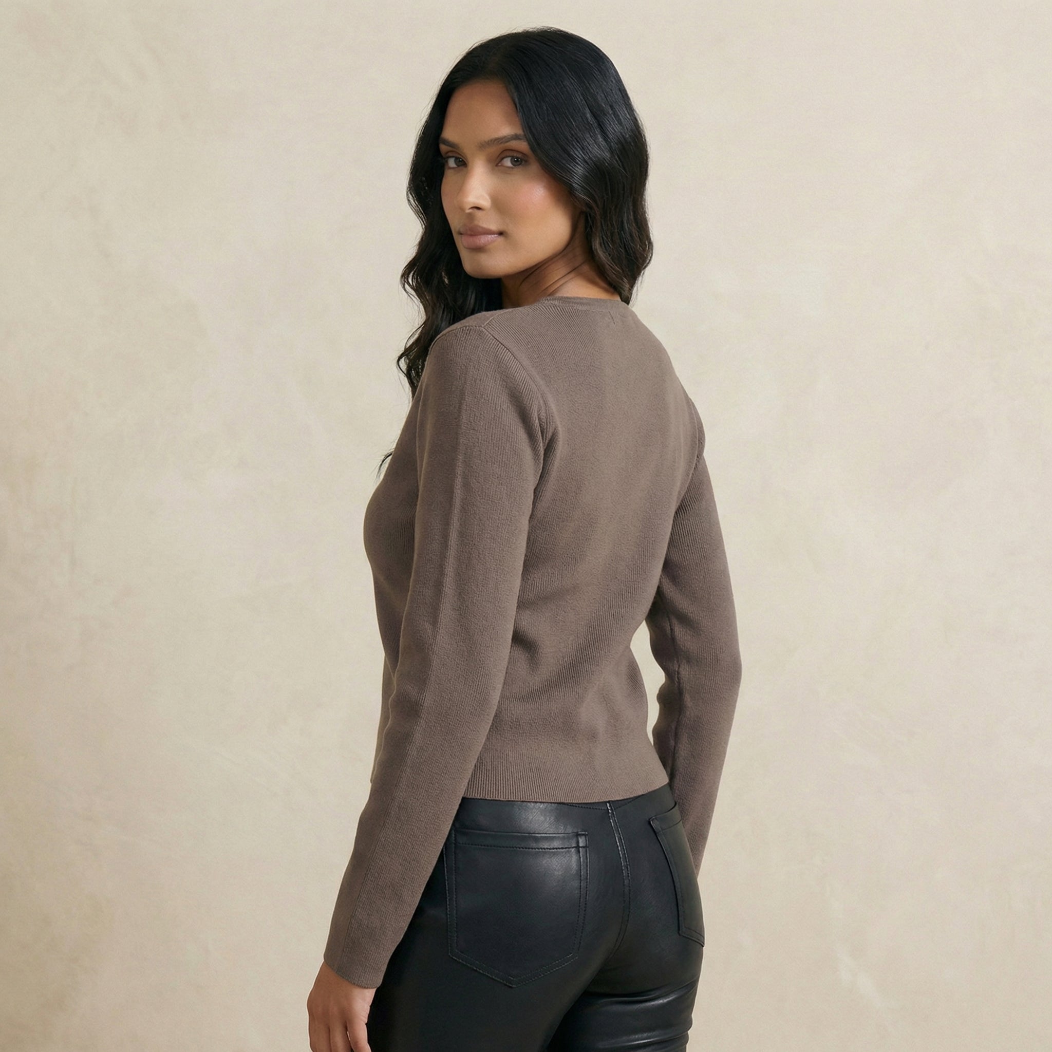 Mocha Gold-Button Accent V-Neck Cardigan