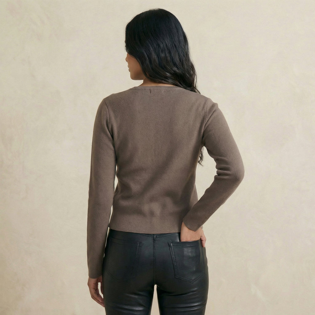 Mocha Gold-Button Accent V-Neck Cardigan