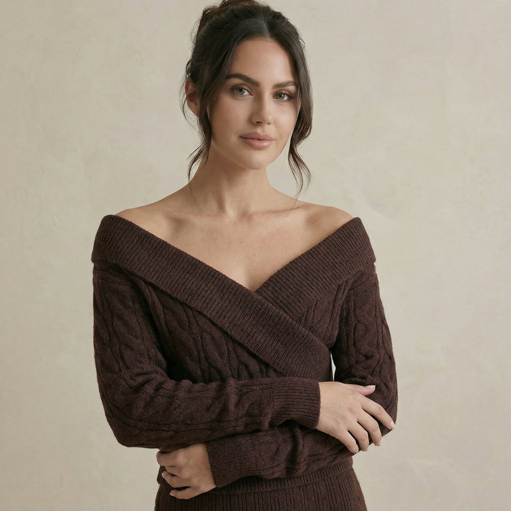 Cross-Front Cable Knit V-Neck Sweater