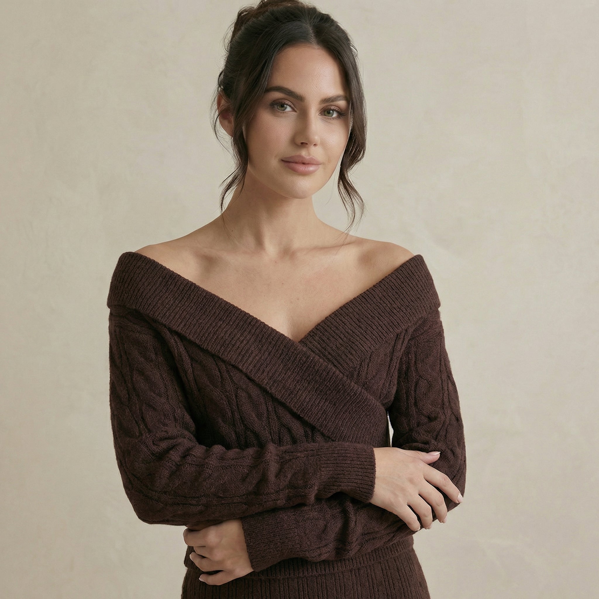 Cross-Front Cable Knit V-Neck Sweater