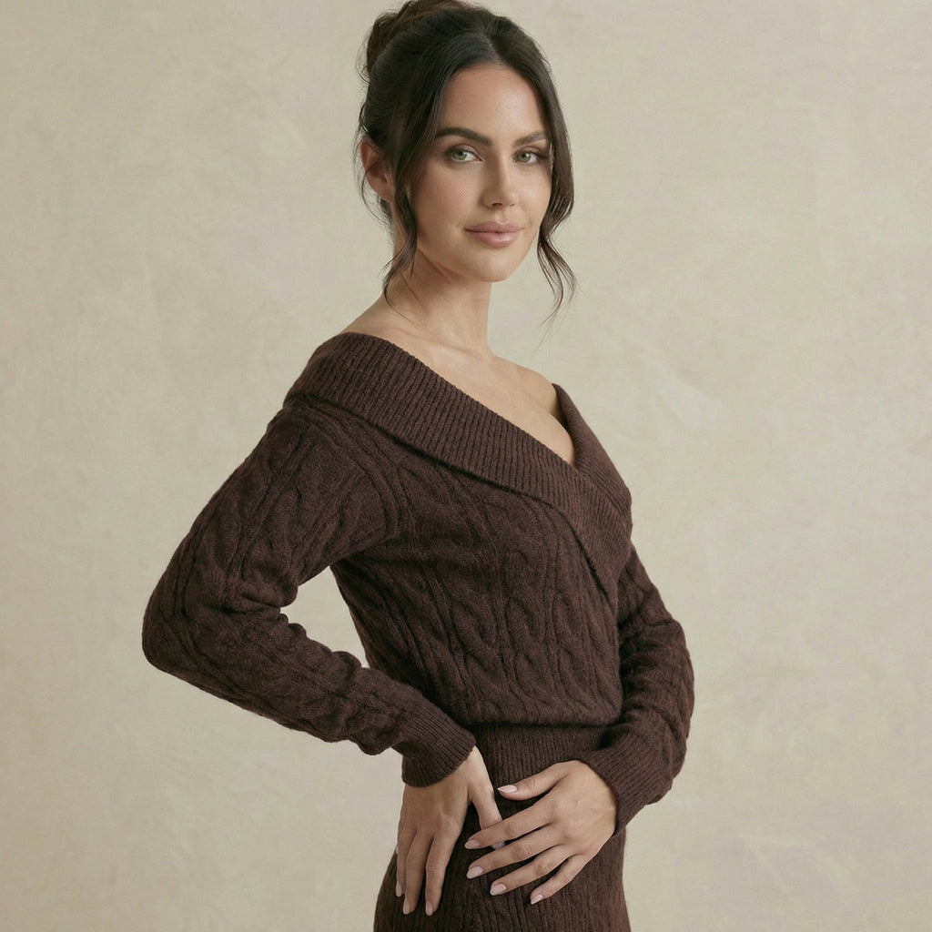 Cross-Front Cable Knit V-Neck Sweater