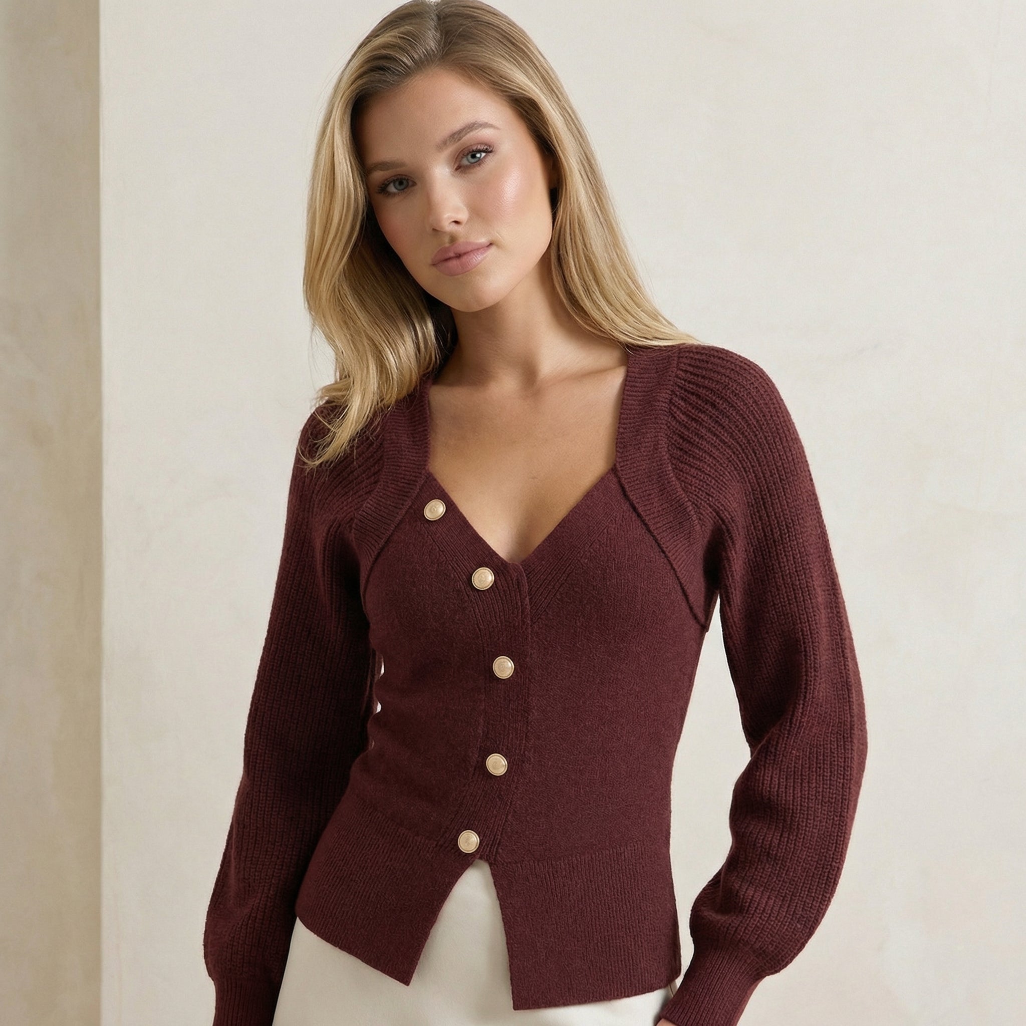 Asymmetrical Sweater with Decorative Buttons