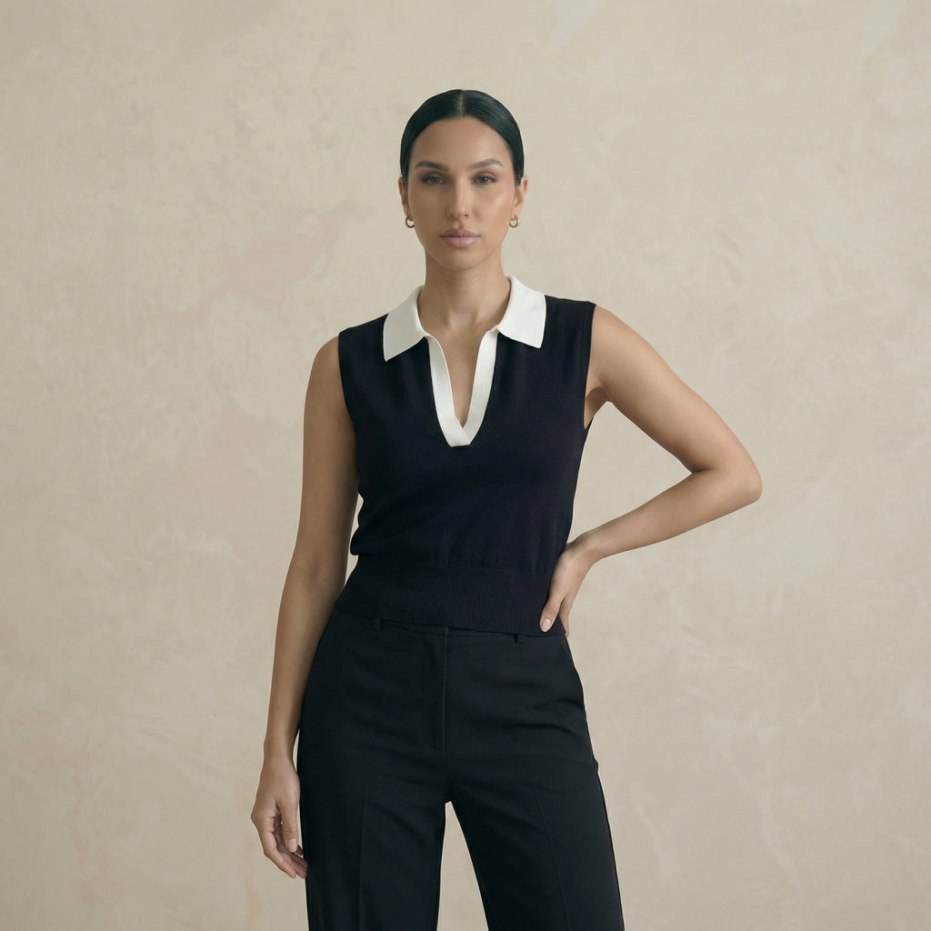 Two-Tone Trim Collar Sweater Vest