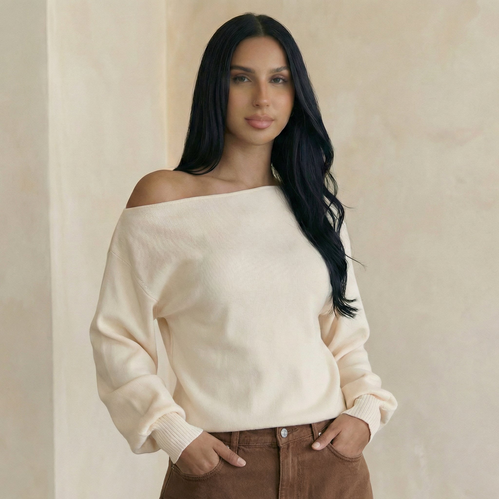 Cream Loose-Fit Sweatshirt with Bare-Shoulder Detail