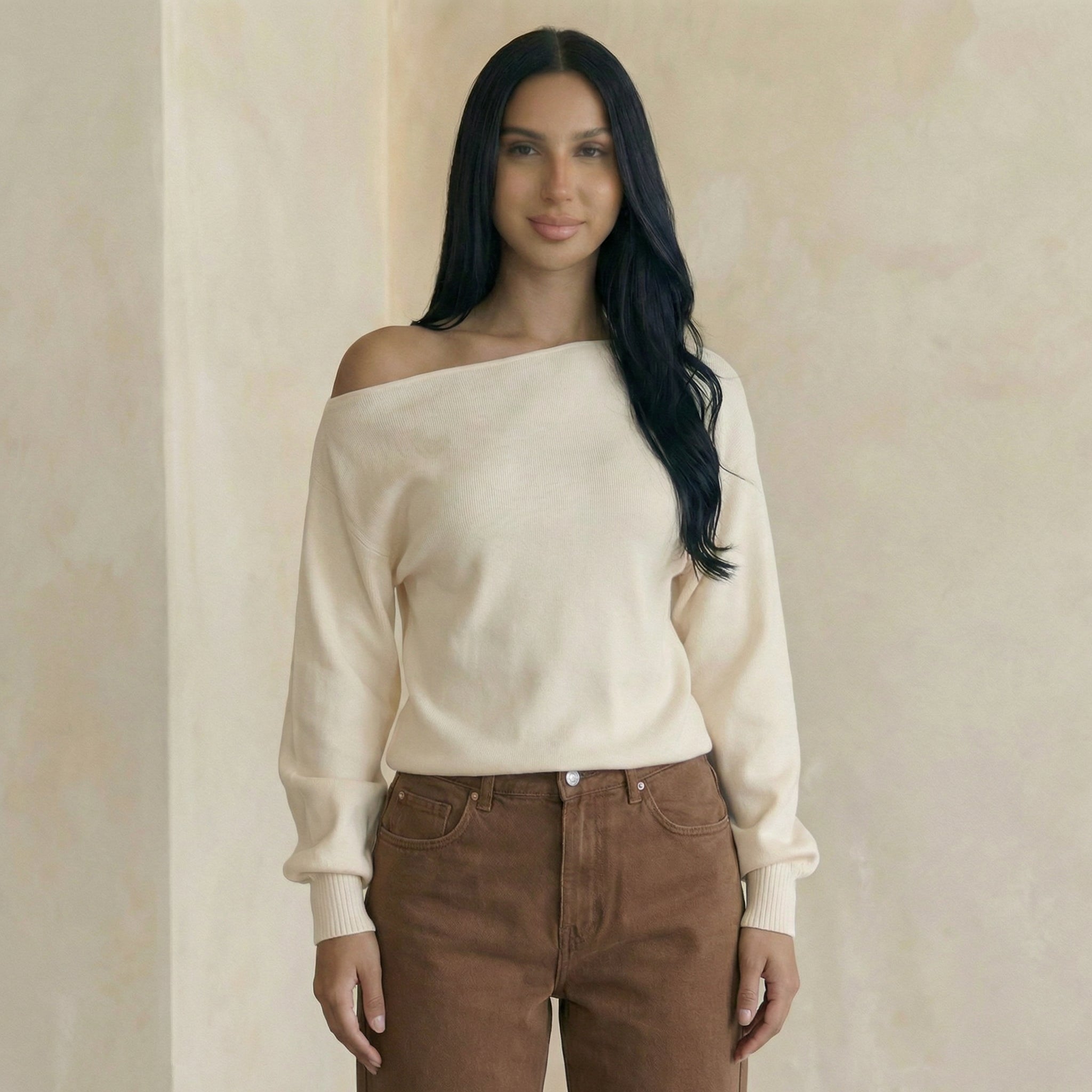 Cream Loose-Fit Sweatshirt with Bare-Shoulder Detail