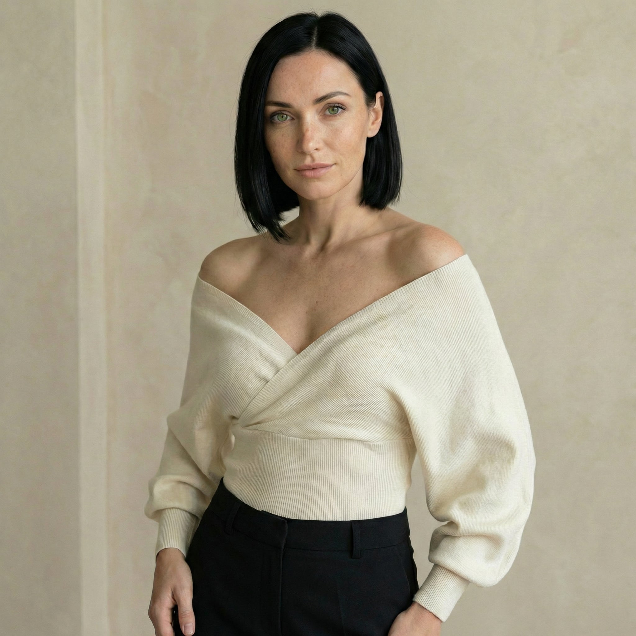 Cream Wrap Jumper with V-Neck Detail