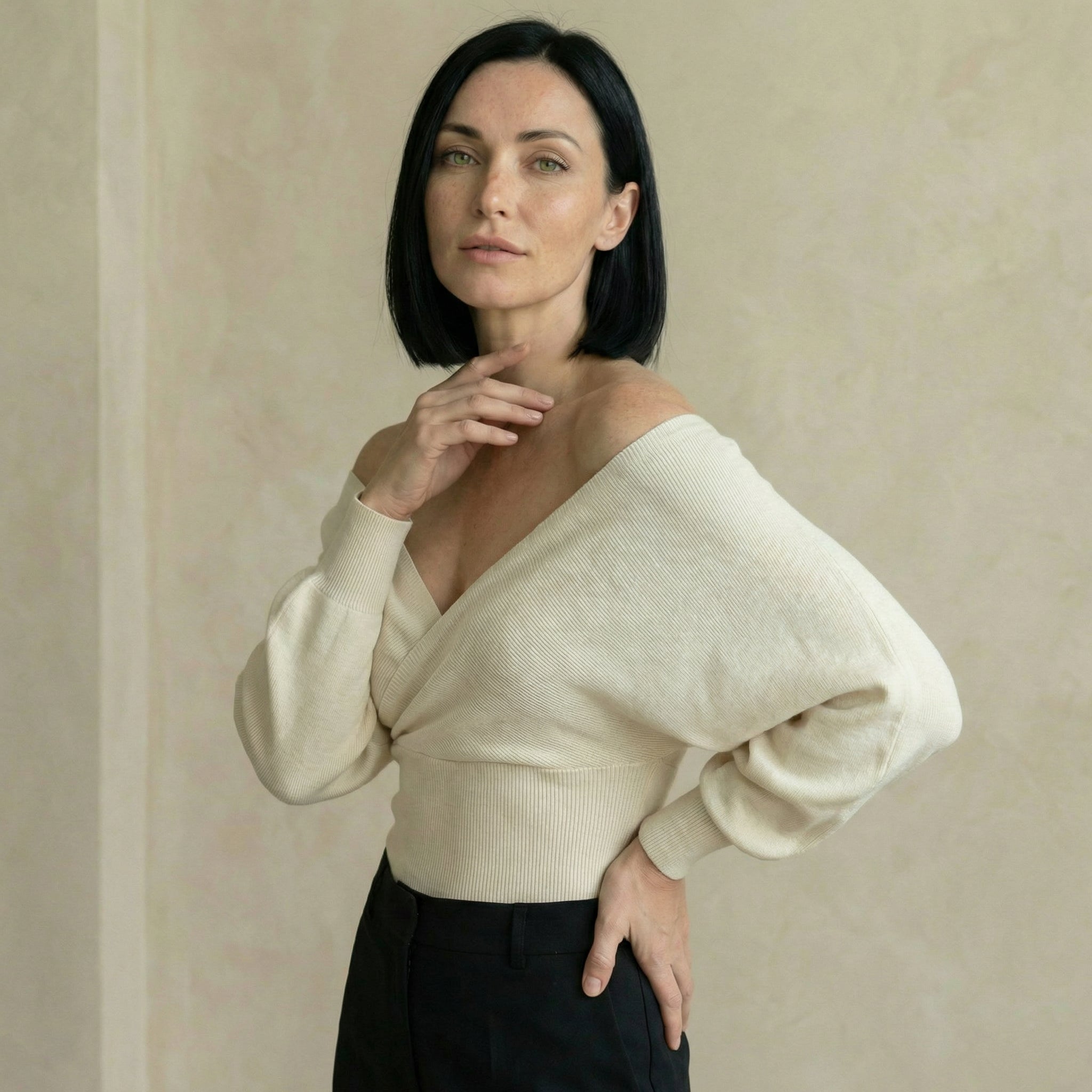 Cream Wrap Jumper with V-Neck Detail