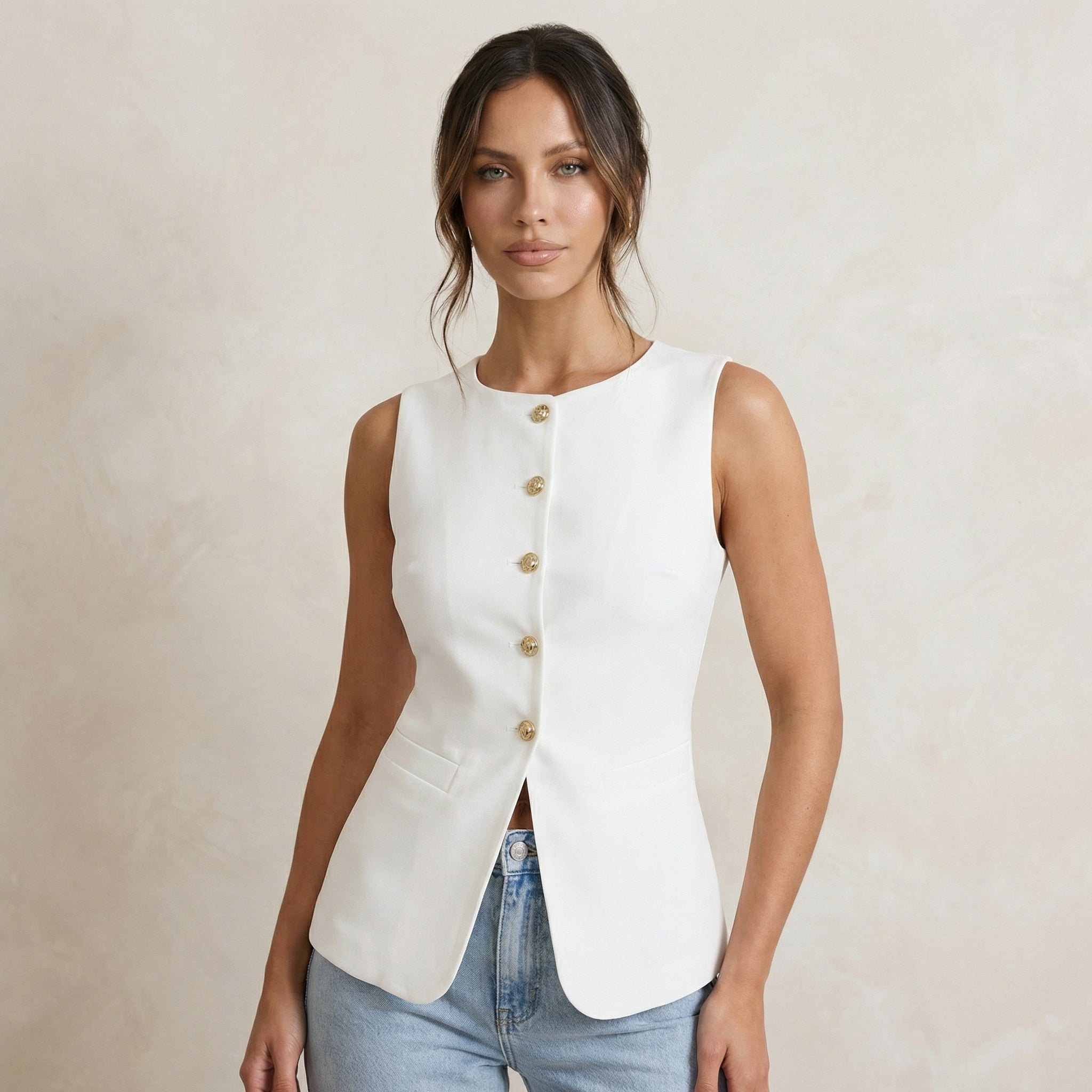 White Waistcoat Top with Gold Accents