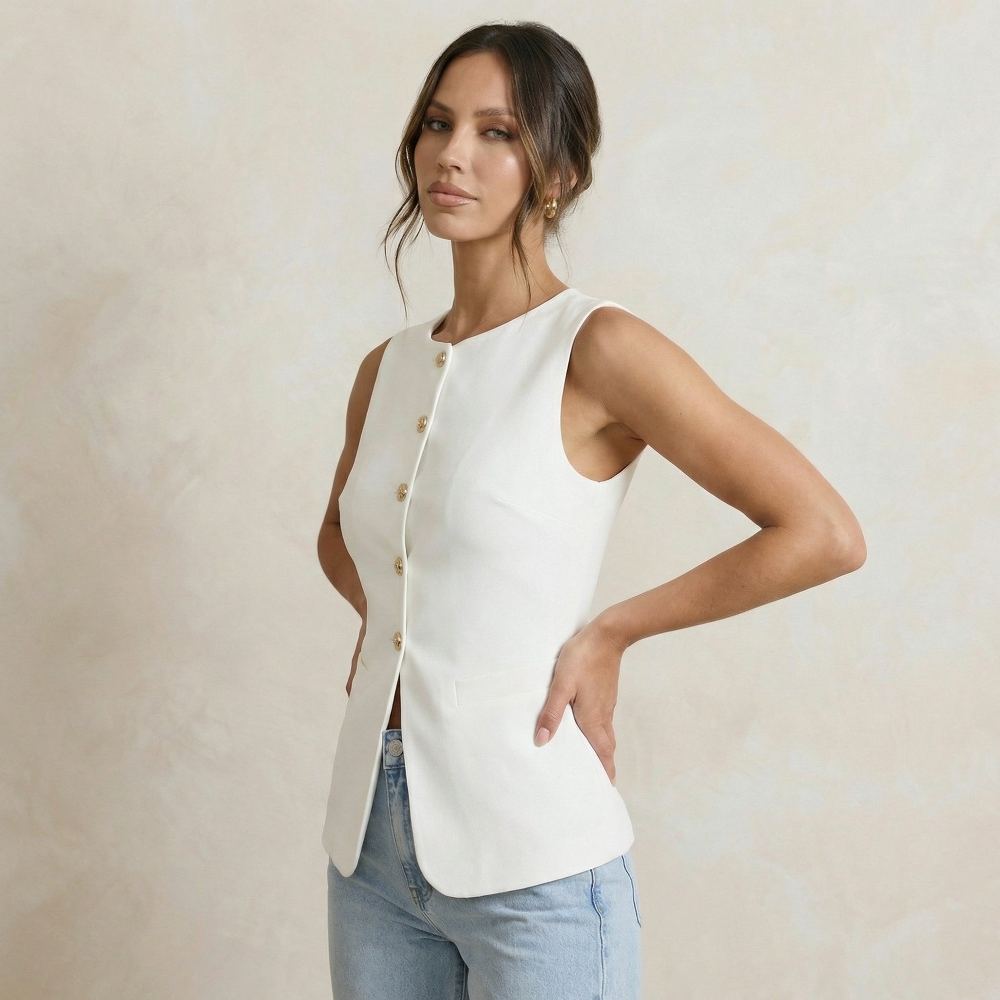 White Waistcoat Top with Gold Accents