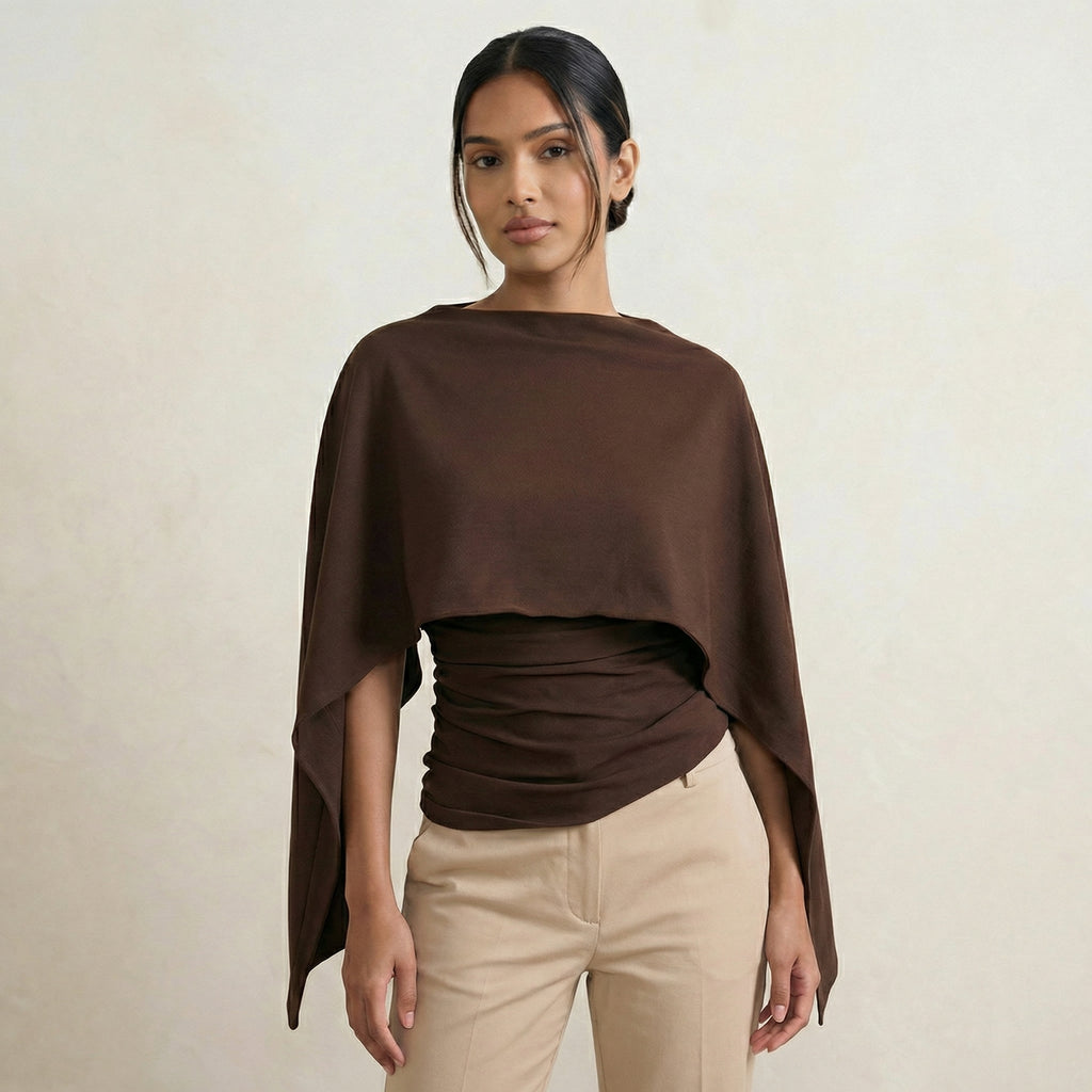 Dark Chocolate Ruched Long Top With Cape