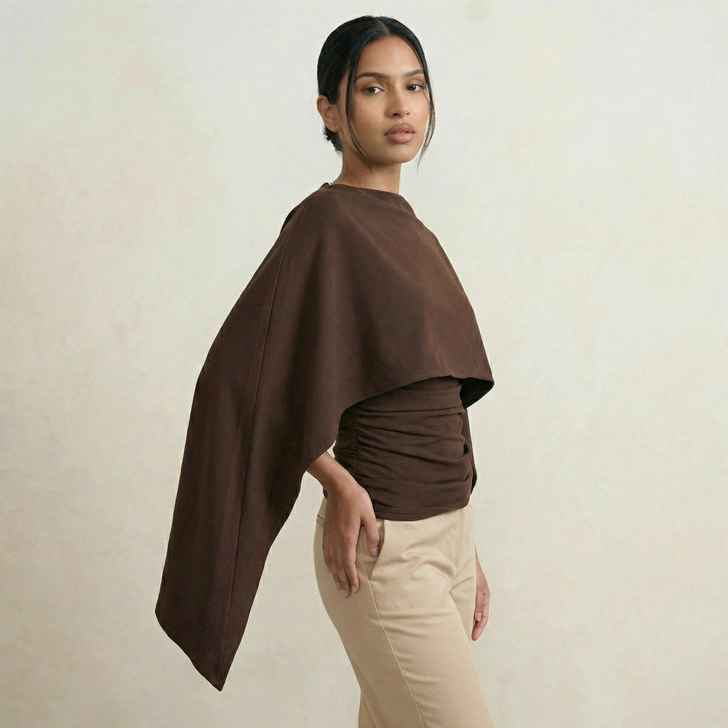 Dark Chocolate Ruched Long Top With Cape